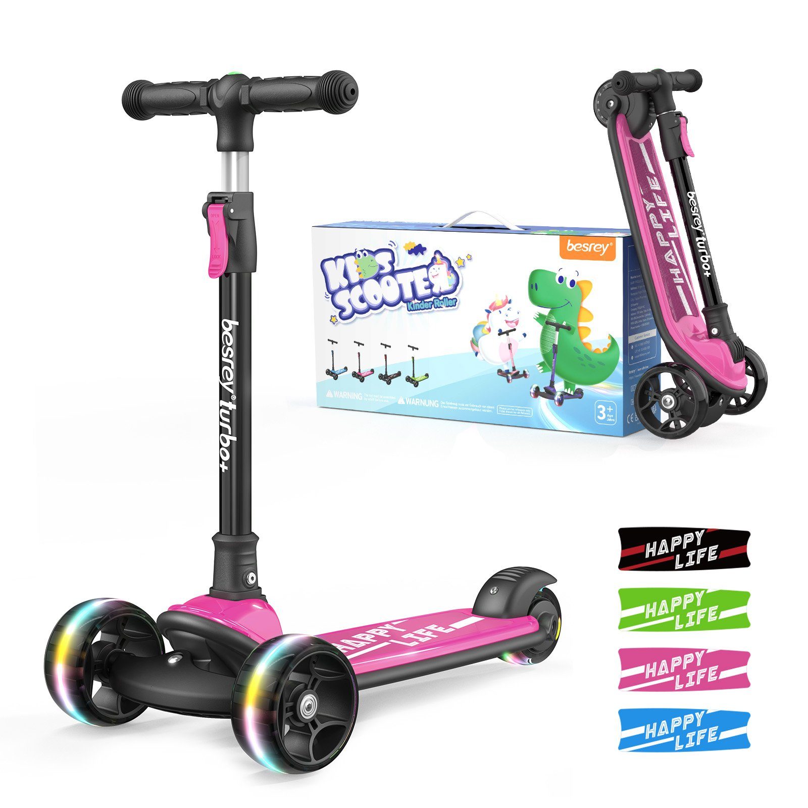 besrey Dreiradscooter Kinder Roller Höhenverstellbarer Faltbarer Trittroller LED, Alle drei Räder mit LED