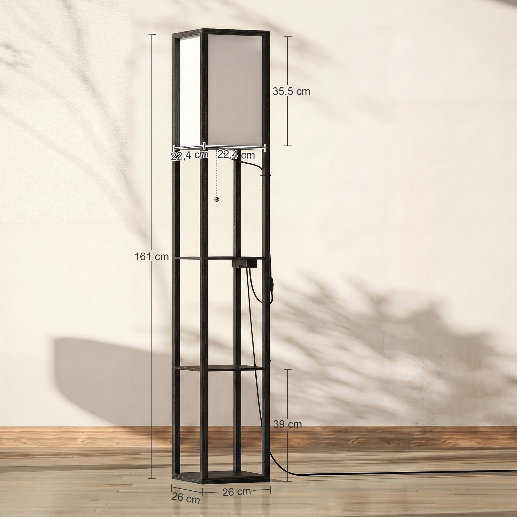 HOMCOM Stehlampe Standleuchte mit Regalen, Wohnzimmer Stehleuchte mit E27 Fassung, Dimmfunktion, mehrere Helligkeitsstufen, Ein-,Ausschalter, Ladefunktion, LED wechselbar, Neutralweiß, 2-in-1 Stehlampe mit Ablagen, dimmbar