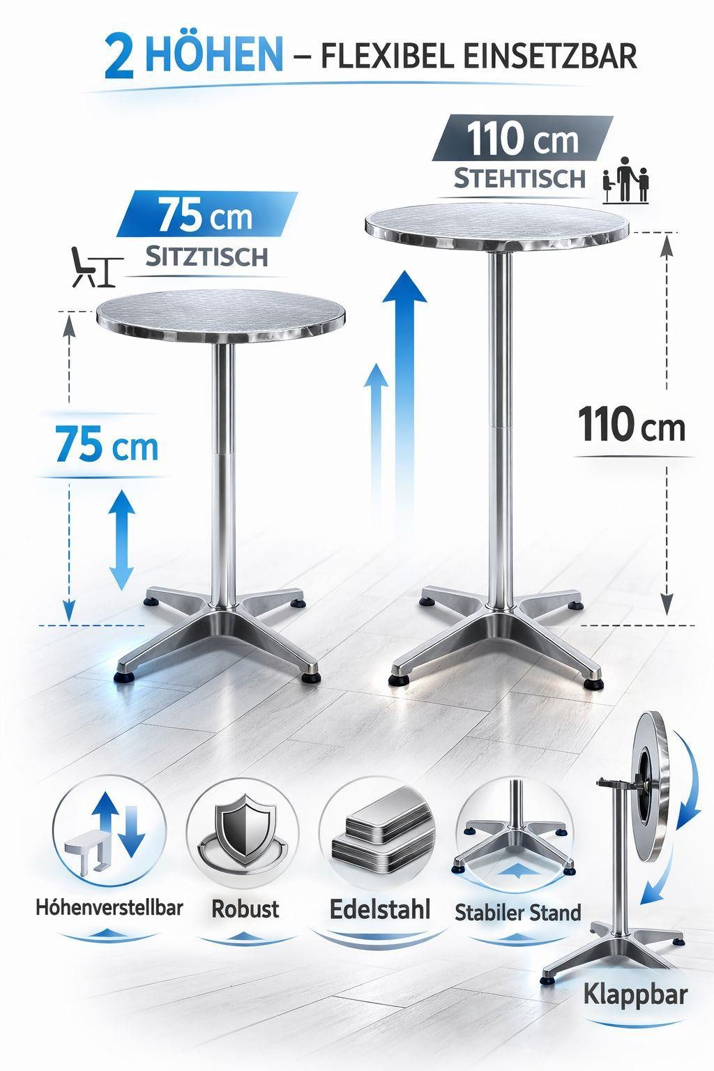 ESTEXO Beistelltisch Stehtisch Bartisch Bistrotisch höhenverstellbar klappbar Aluminium P