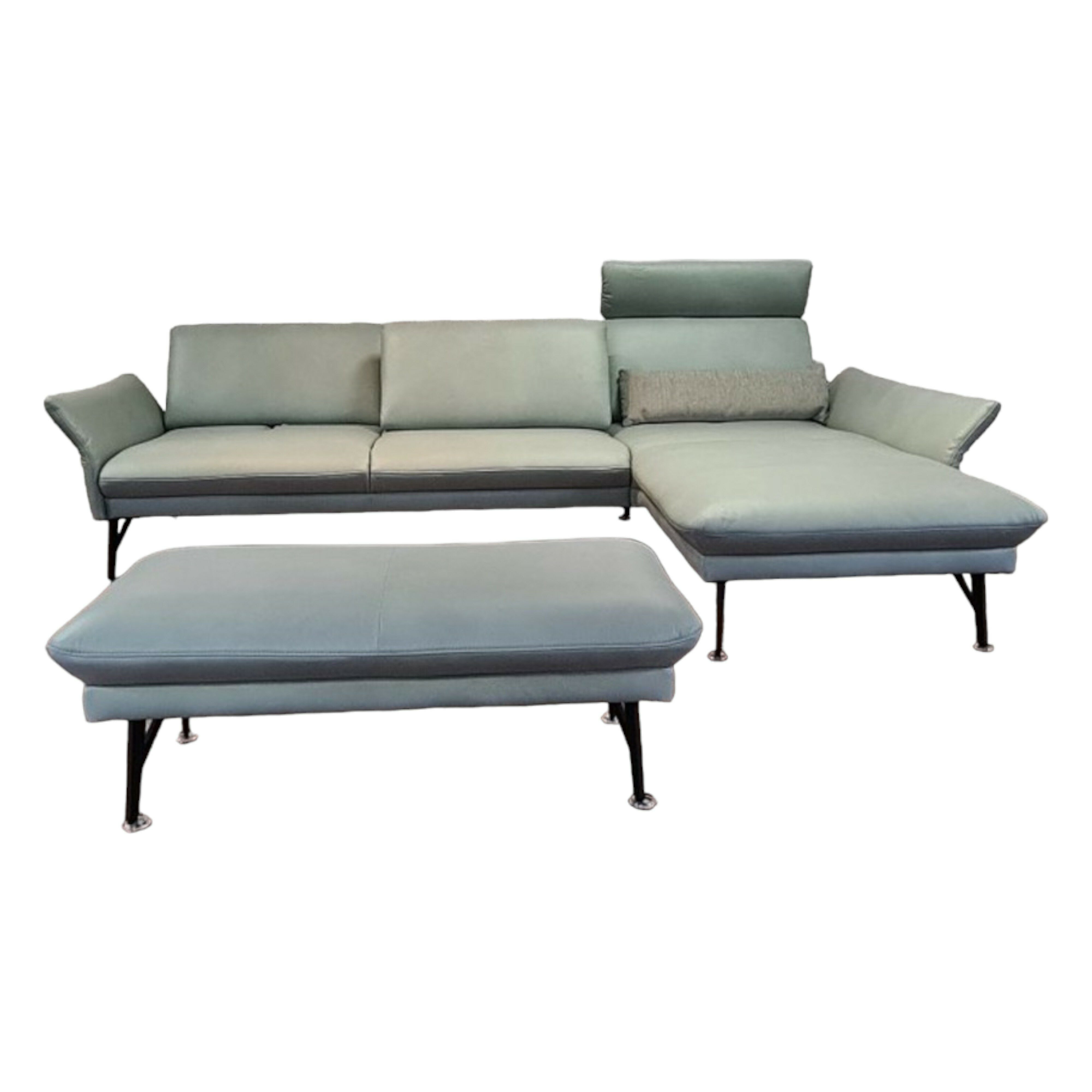 himolla Ecksofa Ecksofa 1928 EM Tivoli Leder 22 Soft Nappa Jade Blau mit Hocker