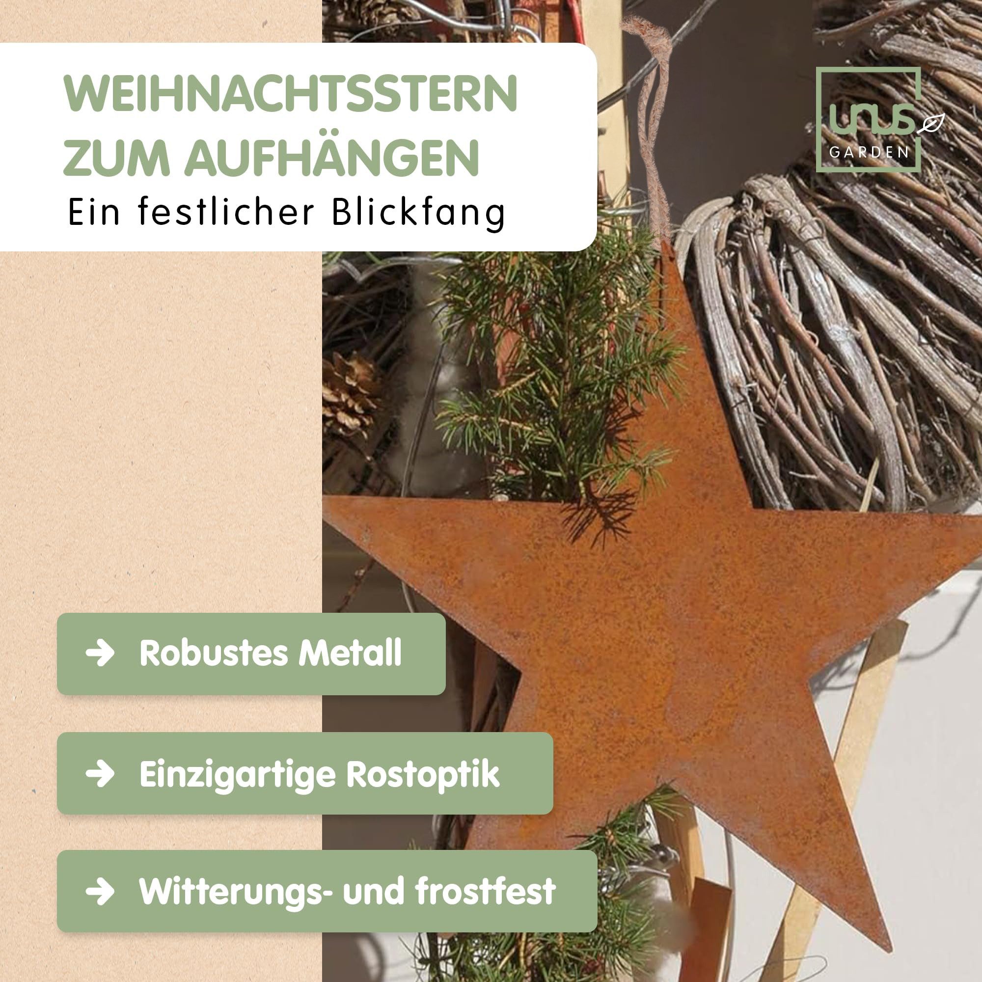 UNUS GARDEN Dekofigur Deko Sterne Metall Rostoptik (3er Set), Dekosterne zum Aufhängen für Drinnen und Draußen