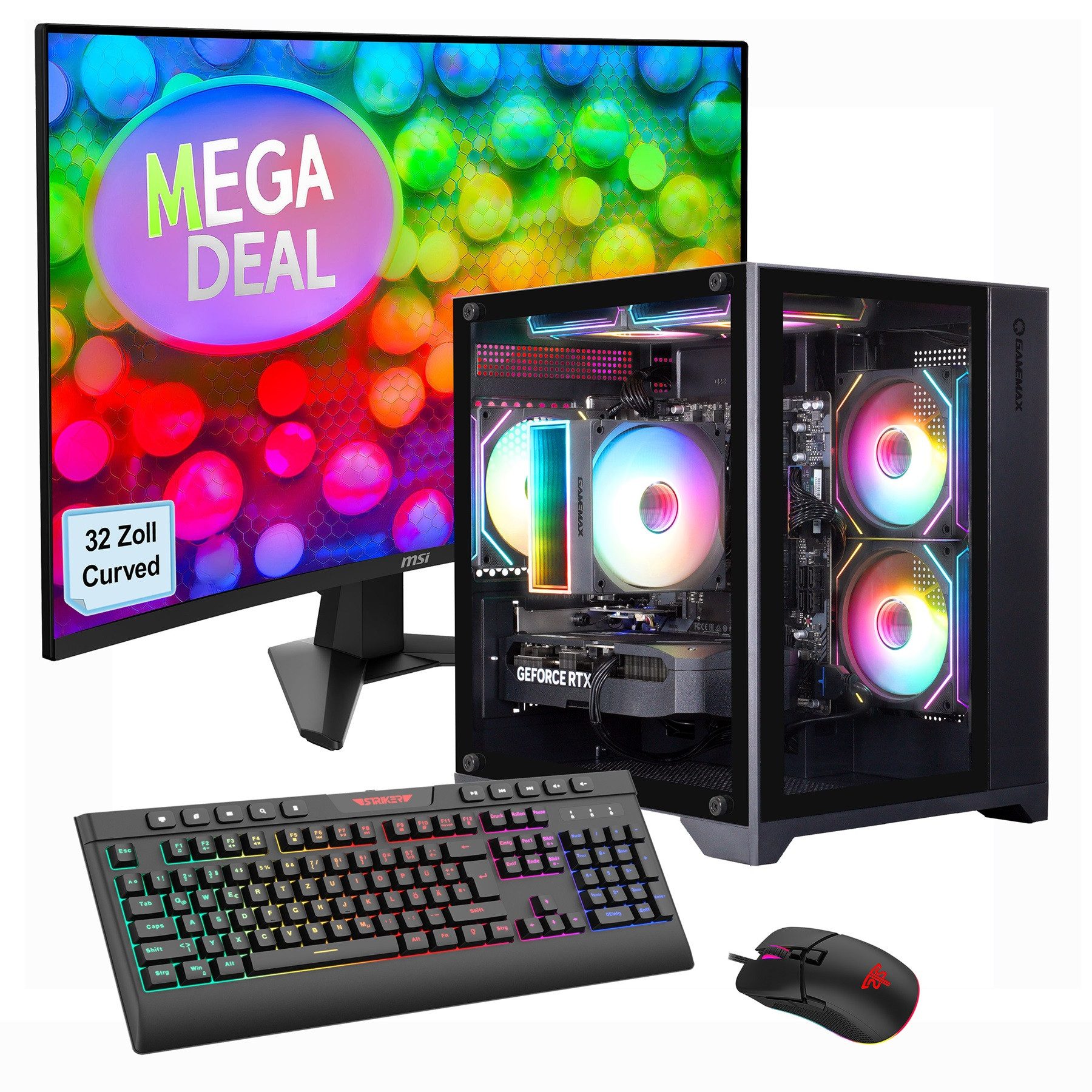 GAMEMAX MegaDeal Infinity Mini 2633 Ryzen 5 7500F RTX 5060Ti 32GB DDR5 1TB SSD PC-Komplettsystem (32", AMD Ryzen 5 7500F, RTX 5060 Ti, 32 GB RAM, 1000 GB SSD, Windows 11, DDR5 RAM + MSI MAG 32C6 Curved Monitor, 80cm (32)