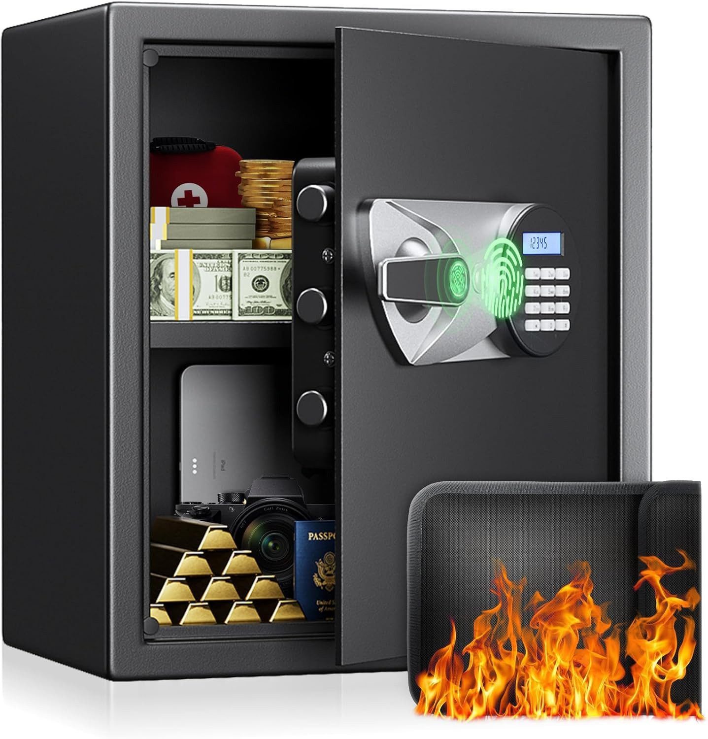 Insma Tresor Möbeltresor Fingerabdruck Digital Zahlencode Safebox, Doppelte Warnung (Wandtresor Stahl 35x31x50cm), mit LED-Beleuchtung und Notschlüssel für Büro, Hotel