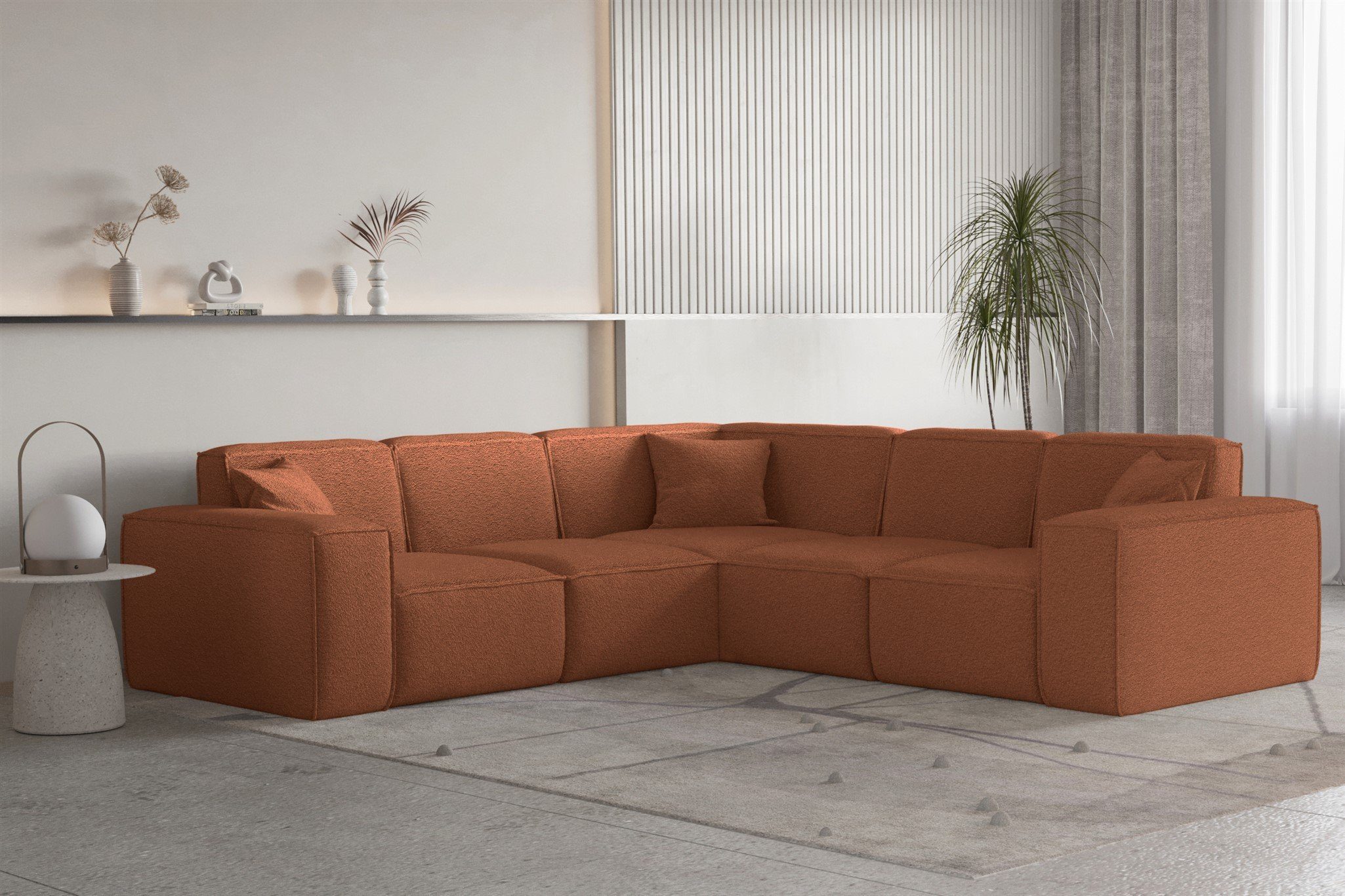 Ecksofa Designersofa 3 Seite PREMIUM Ecksofa Zierkissen Universal Stoff, Möbel Fun Inkl. in CELES