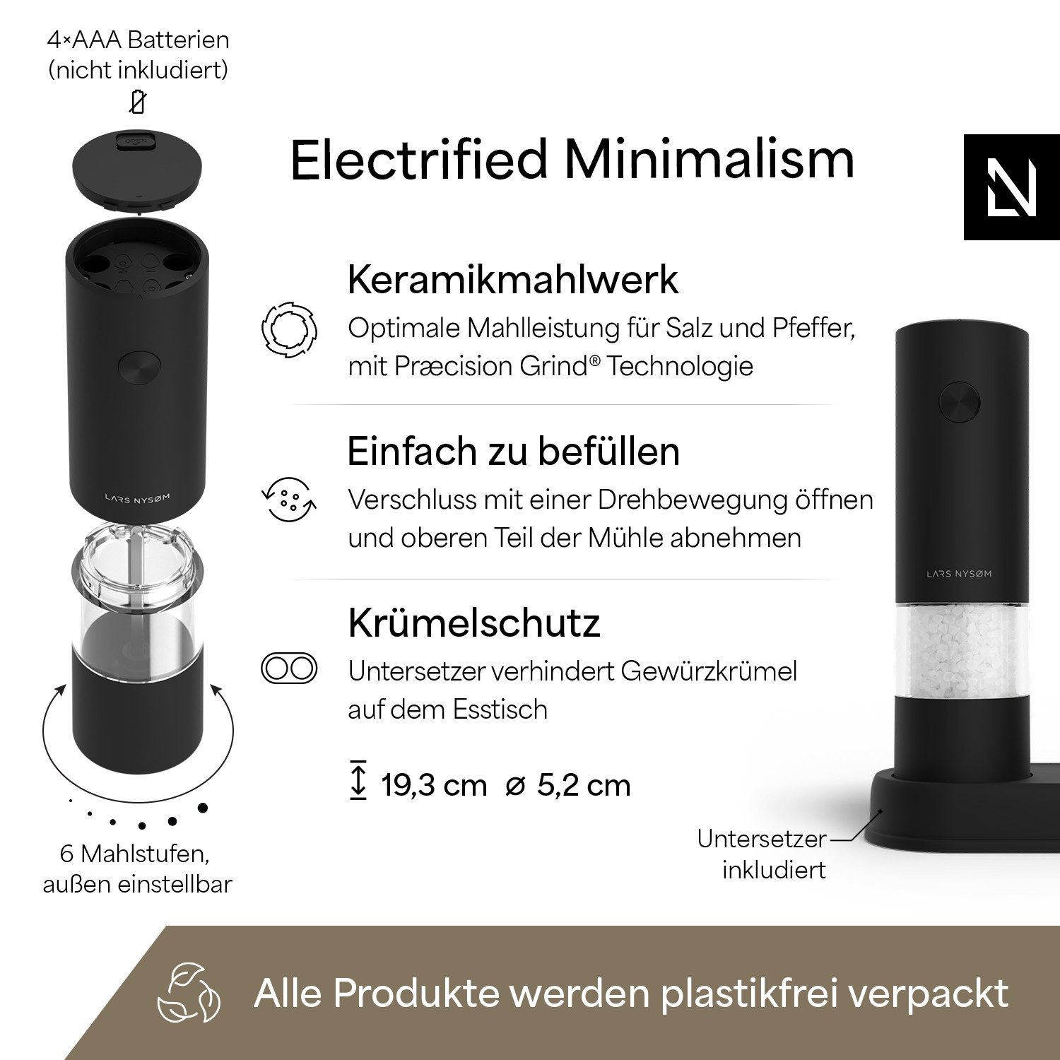 LARS NYSØM Gewürzmühle Kryd praktische Einhandbedienung per Drucktaste, (2 Stück), elektrische Salz- & Pfeffermühle mit Ständer – Bild 4 von 5