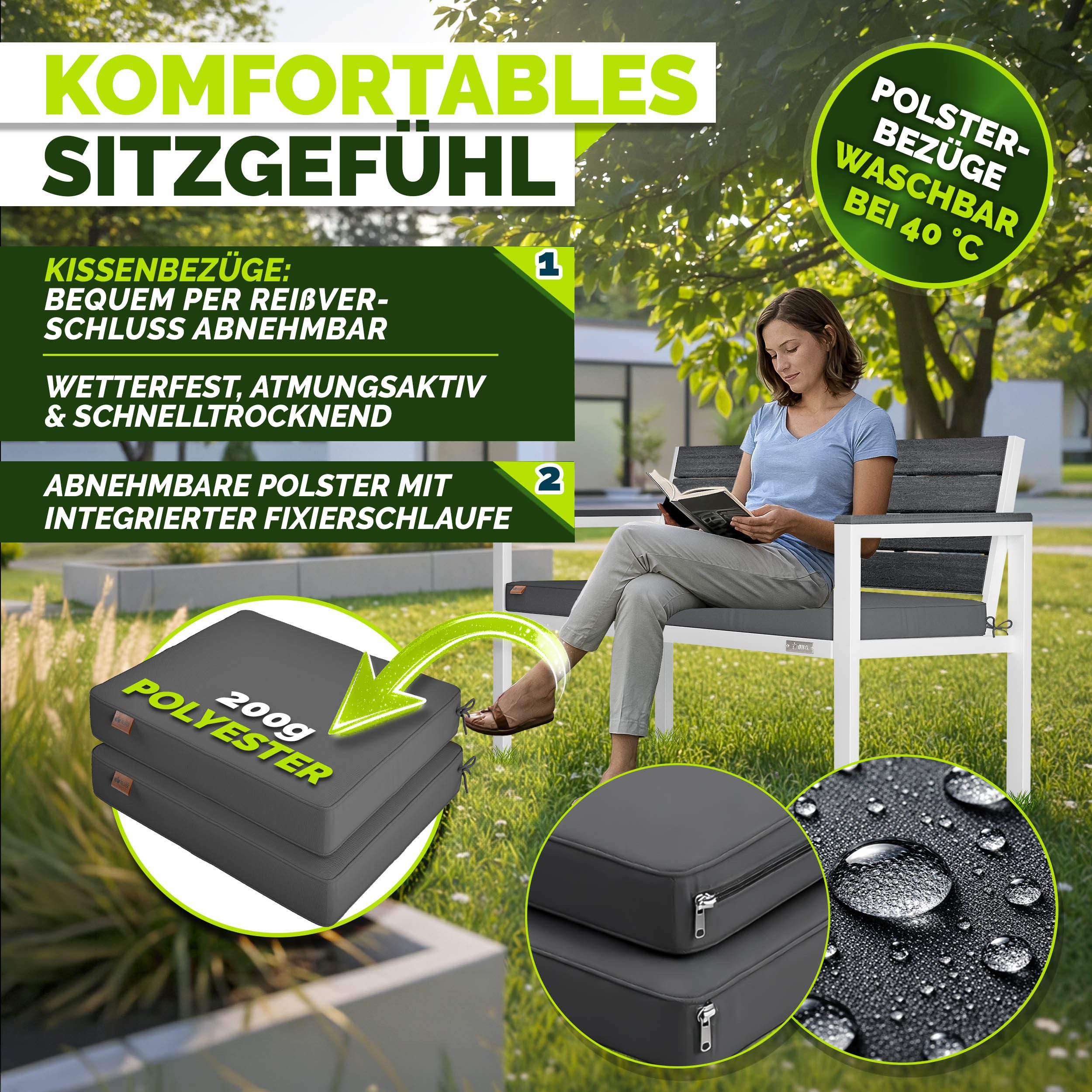 tillvex Gartenbank tillvex® Gartenbank mit Abdeckung & Kissen in Holzoptik bis 300kg (Garten Terrasse Balkon mit waschbarem Bezug, Parkbank in Holzoptik belastbar UV-beständig Sitzbank), Wetterfest 2-3 Sitzer mit Abdeckung & Kissen bis 300 kg