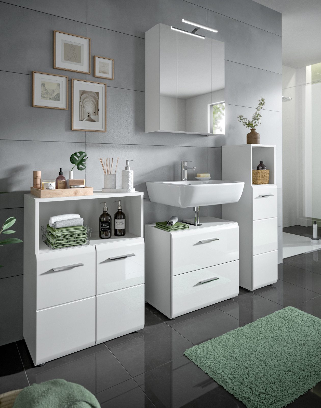 Inn.Furn Badmöbel-Set Cover, (4-teiliges Badezimmer-Set in weiß Hochglanz, ca. 180 x 185 cm), 15 Fächer, 2 Vollauszug Schubkästen