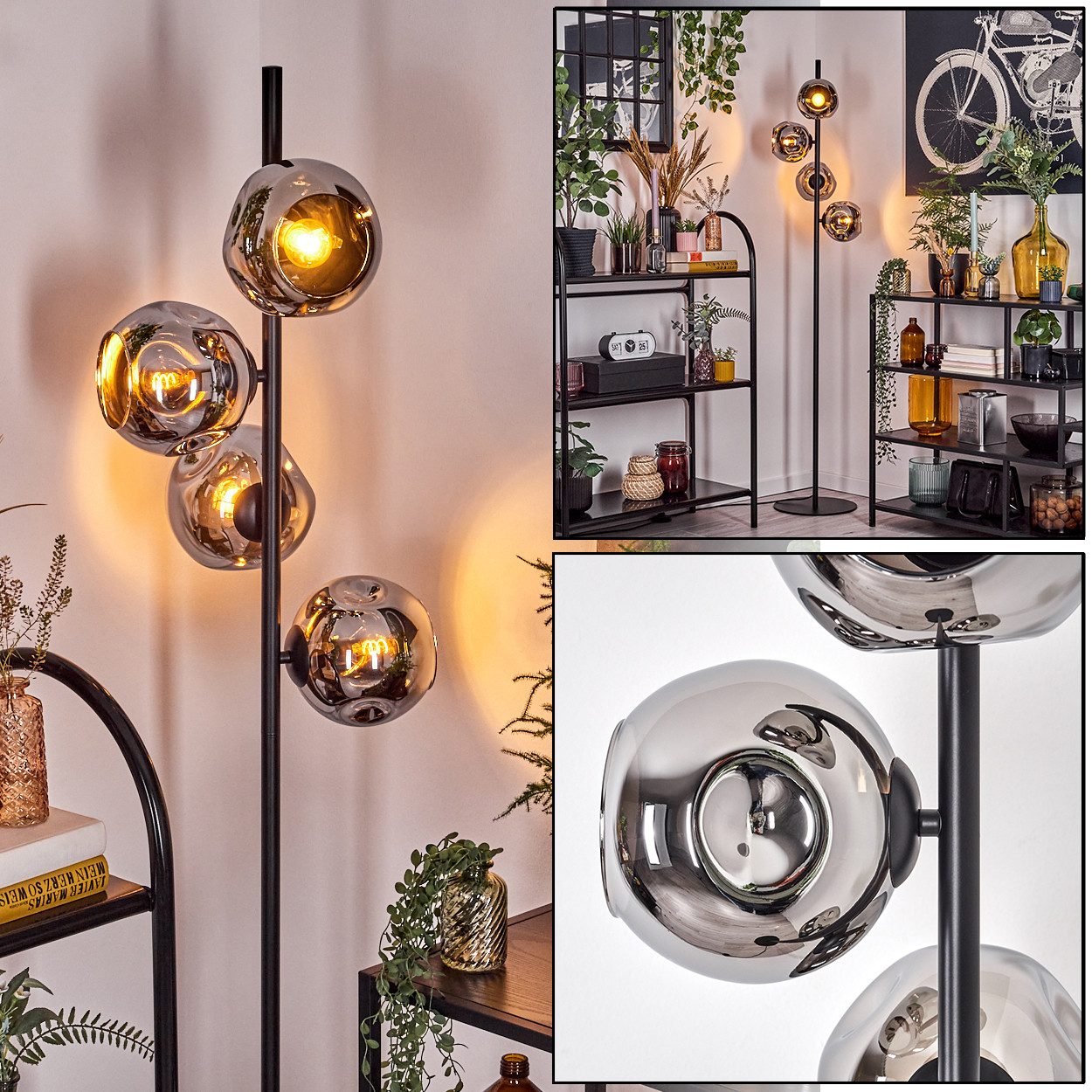 Stehlampe Stehlampe aus Metall/Glas in Schwarz/Chrom/Rauch mit Fußschalter