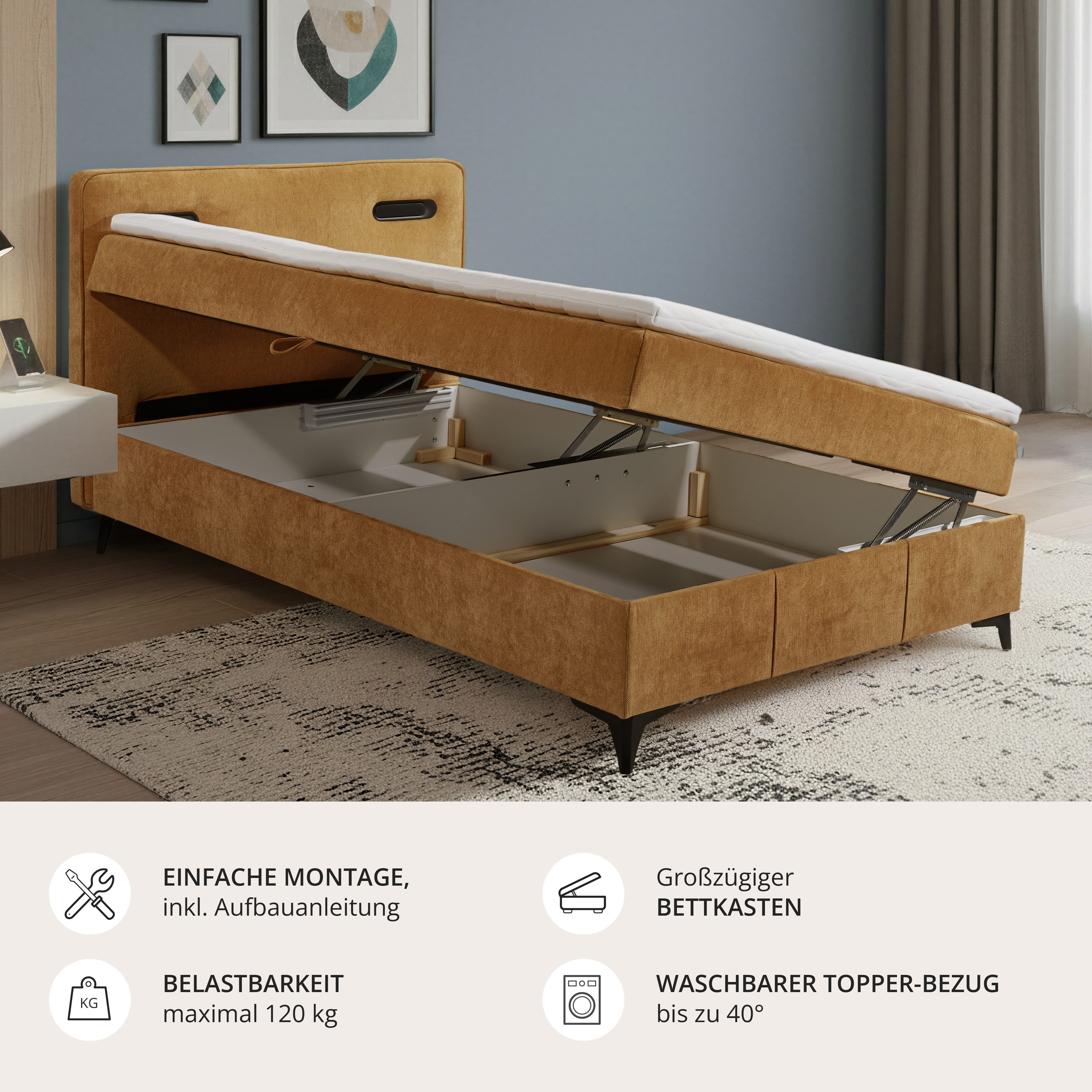 ED EXCITING DESIGN Boxbett Altea 120x200 mit LED und Bettkasten, inkl. 4 cm Topper, H3, Bettkasten und LED-Beleuchtung
