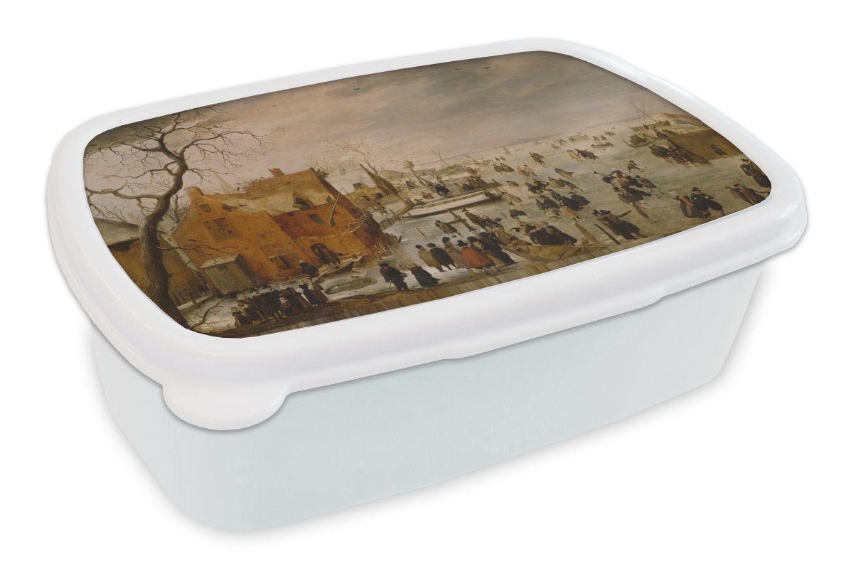 MuchoWow Lunchbox Eislandschaft - Gemälde von Hendrick Avercamp, Kunststoff, (2-tlg), Brotbox für Kinder und Erwachsene, Brotdose, für Jungs und Mädchen weiß