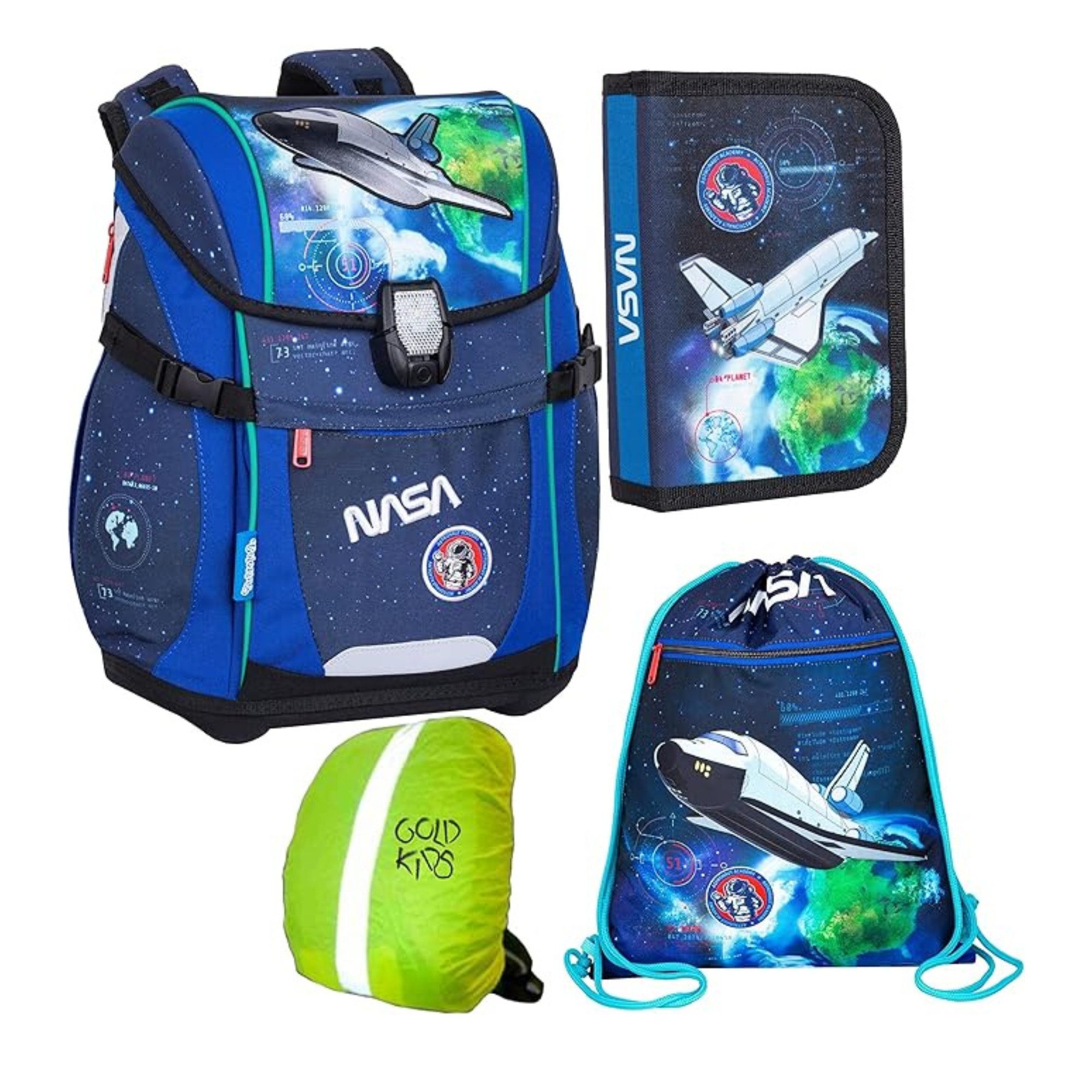 GOLDKIDS Schulranzen Schulranzen-set NASA (USA Weltraum Ranzen Kinderrucksack, 1-tlg., Federmappe, Schuhbeutel, Regenschutz), Motivdruck Flugzeug 4-teilig