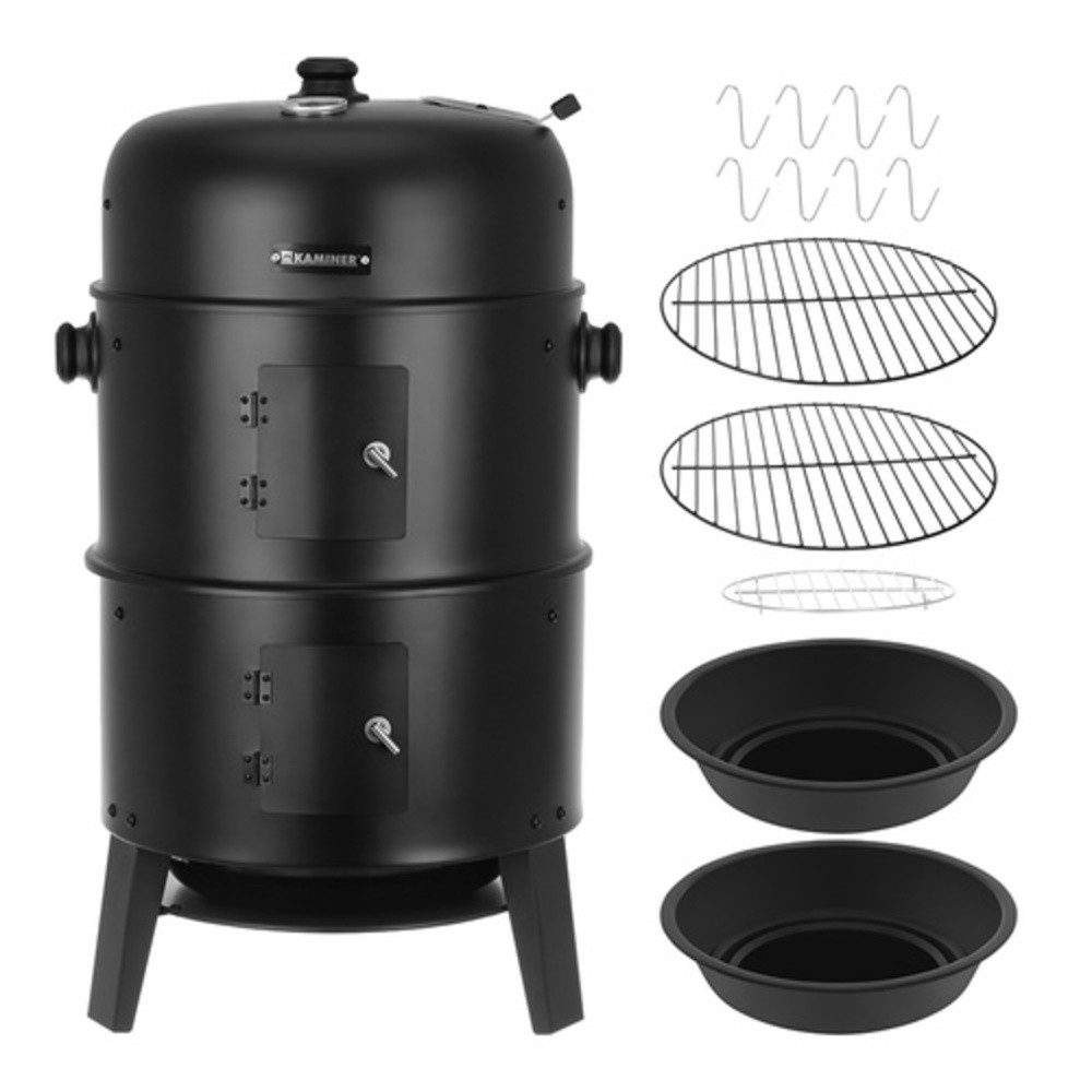 Kaminer Kombigrill Holzkohlegrill 3-in-1 Gartenräucherofen, Spar-Set, Feuerbox, Eingebauten Thermometers und der regulierbaren Luftzirkulation