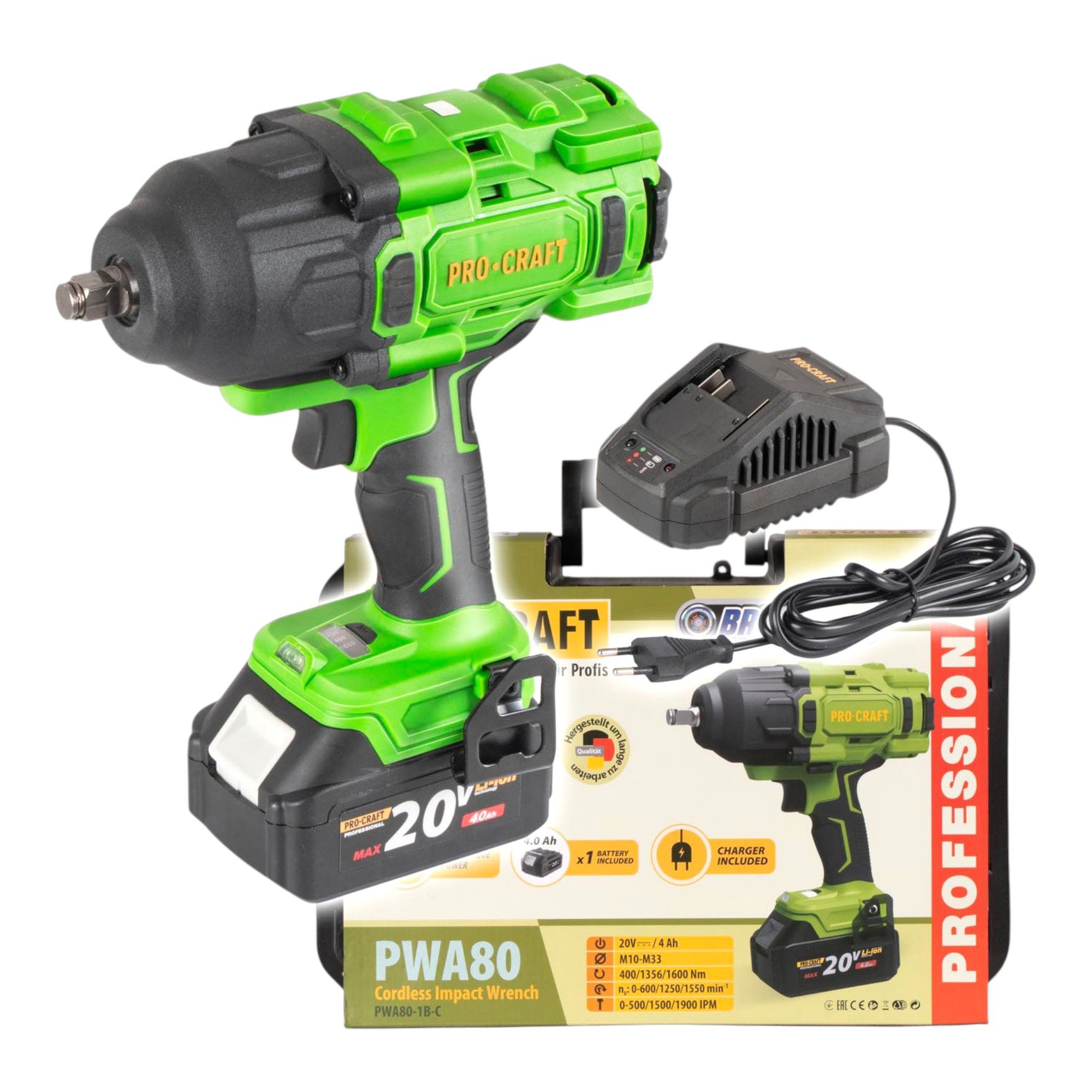 PRO CRAFT Akku-Schlagschrauber PWA80-1B-C 20 V 1600Nm 1/2" Brushless + 1x Akku 4,0Ah + Lader + Koffer
