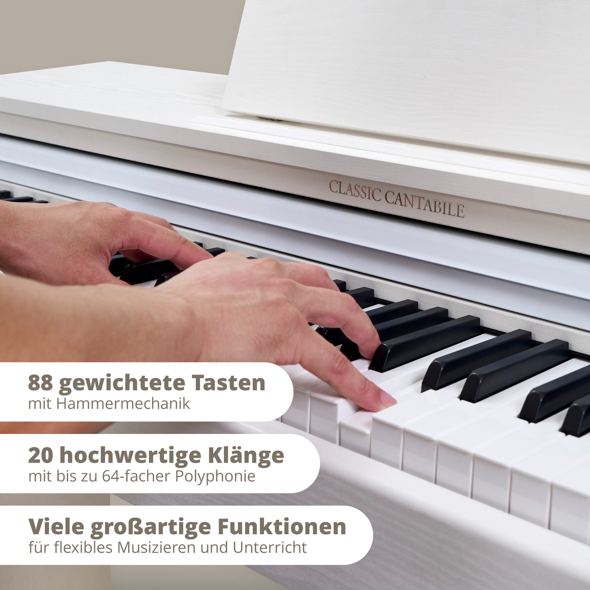 Classic Cantabile Digitalpiano Classic Cantabile DP-220 WM E-Piano Weiß matt, 20 Klänge und 3 Pedale - Dual-, Split- und Twinova-Funktion