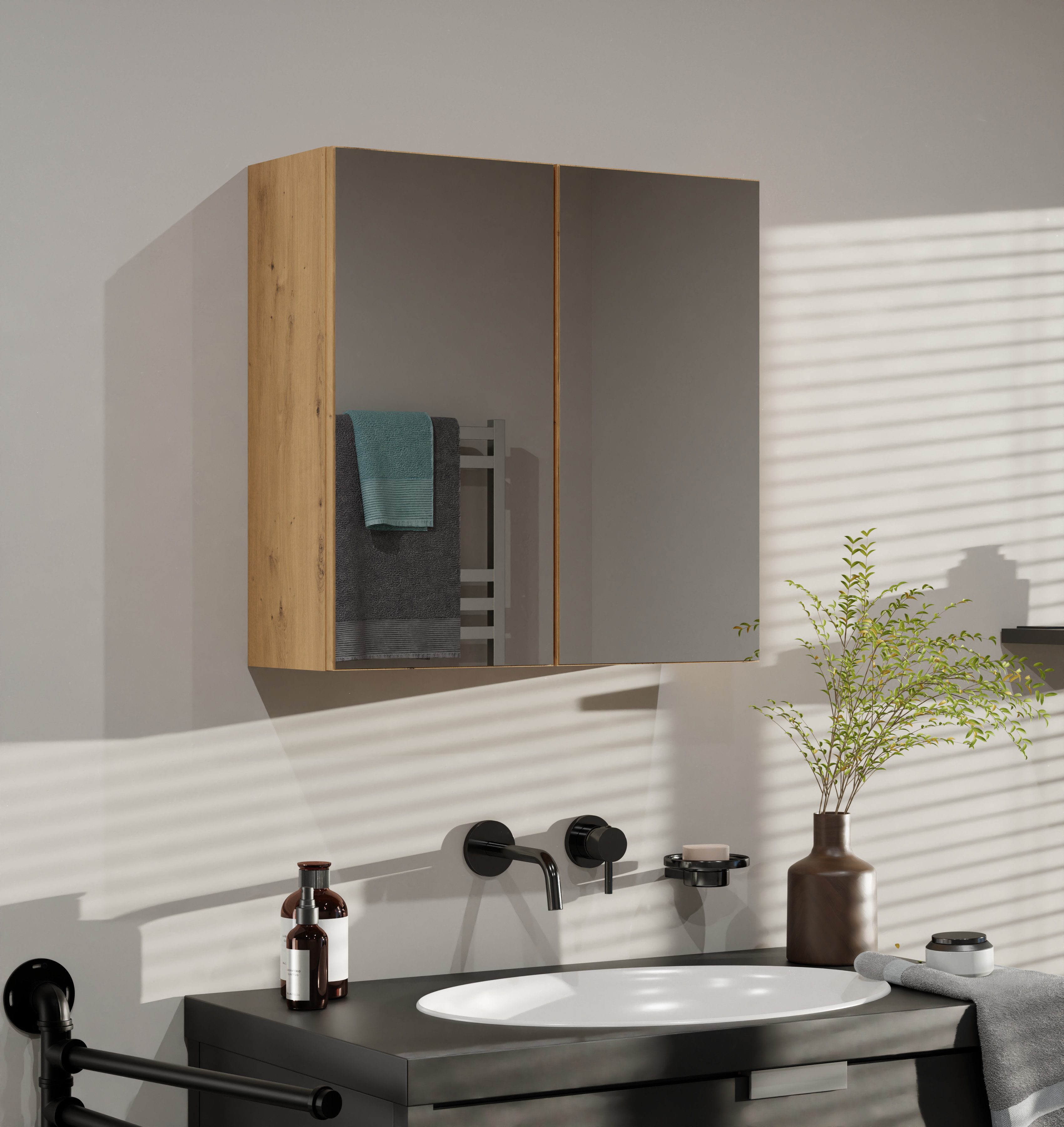 Raumhirsch Furniture Badkommode Badezimmerschrank mit Spiegel - Hängeschrank (2 Schranktüre mit drei Innenregalen - stabil & einfach Montage)
