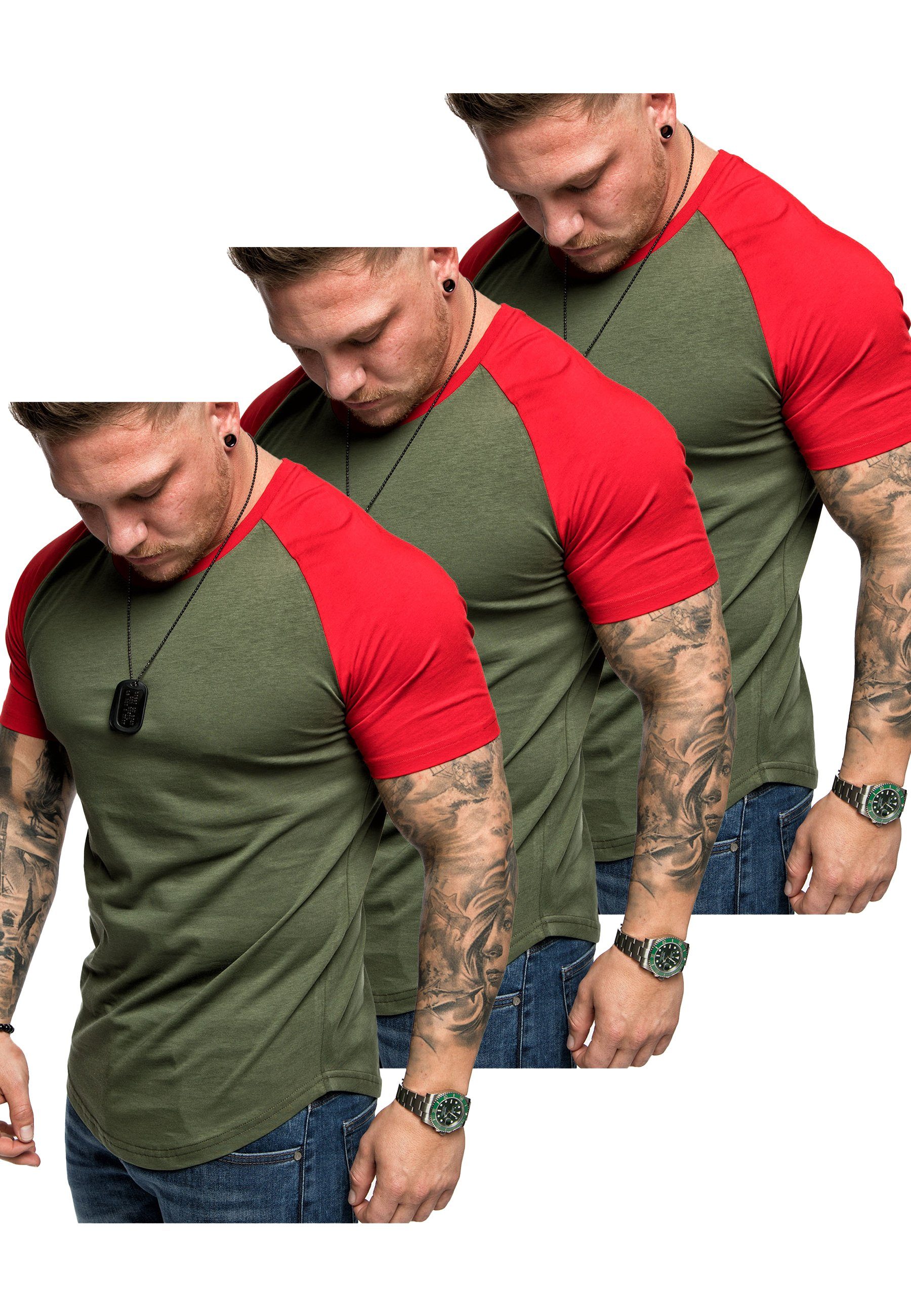 Amaci&Sons T-Shirt 3. OMAHA 3er-Pack T-Shirts (3er-Pack) Herren Basic Oversize Kontrast Raglan T-Shirt (3x Khaki/Rot)