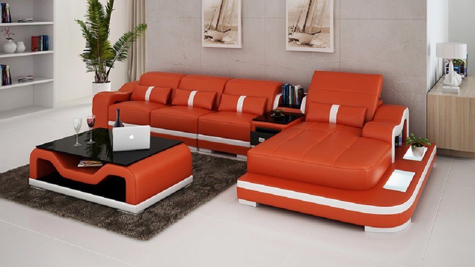 JVmoebel Ecksofa, Ecksofa Stoff LForm Bettfunktion Couch Design Polster Textil Leder Orange/Weiß