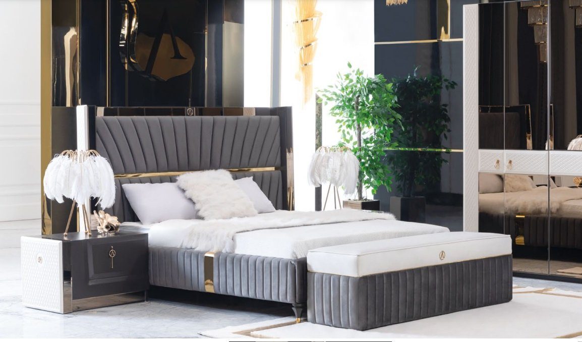 JVmoebel Bett, Luxus Bett 180x200cm mit Holz Kopfteil und 2 Nachttischen