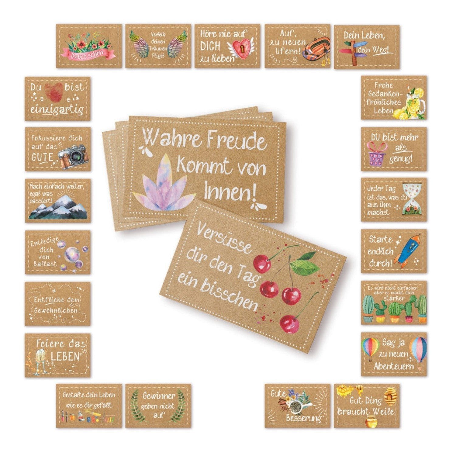Logbuch-Verlag Dekofigur 24 kleine Sprüche Karten Motivationskarten braun bunt 8,5 x 5,5 cm