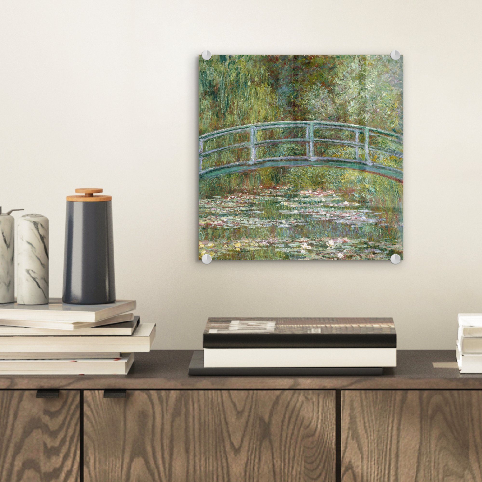 Monet, (1 Glasbilder MuchoWow Die Brücke auf Glas - die Wandbild auf - japanische Seerosen Bilder - und Claude Glas Acrylglasbild Foto Wanddekoration St), -