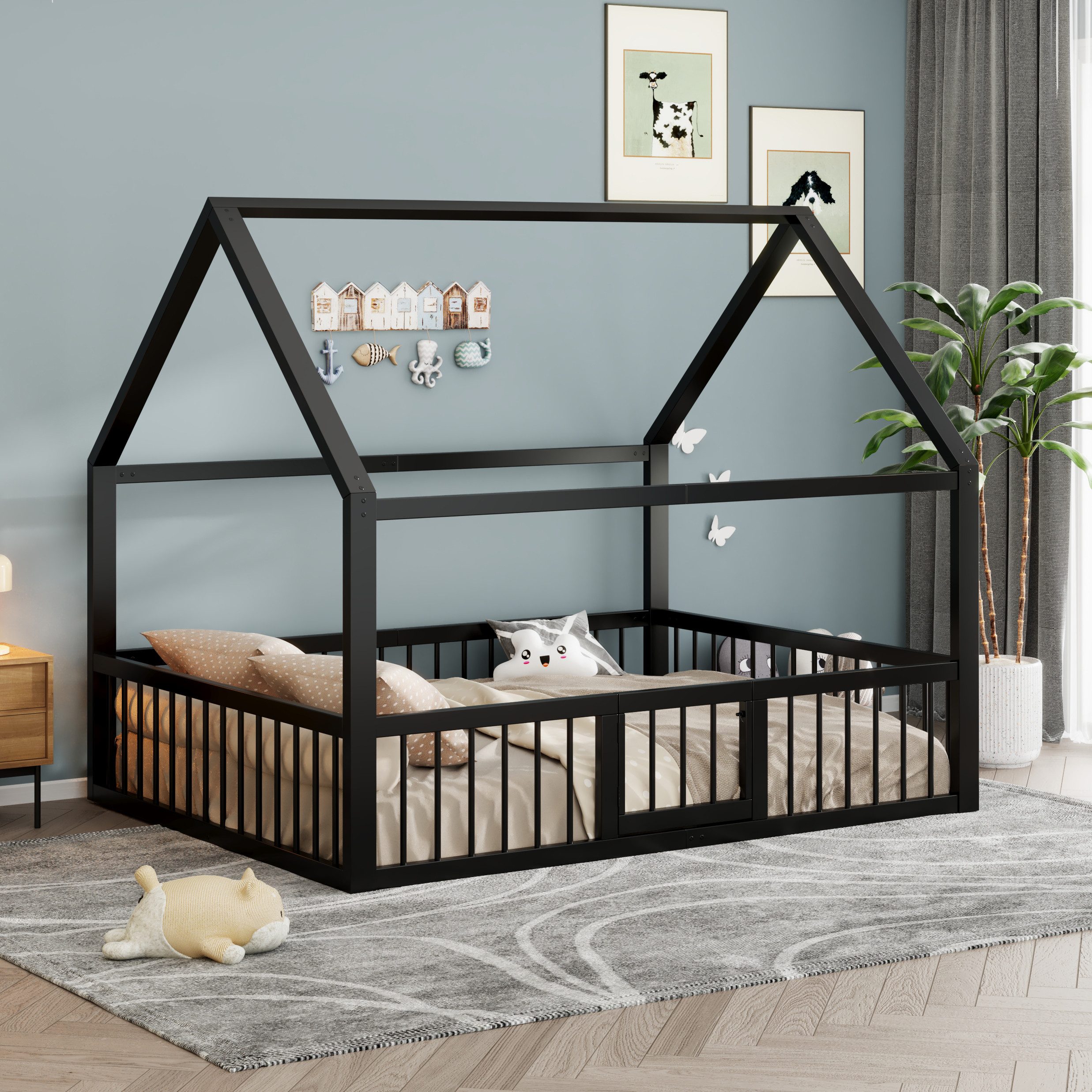 STILVORA Kinderbett 140x200 Metallbett mit Brüstung Flachbett Ohne Matratze Schwarz