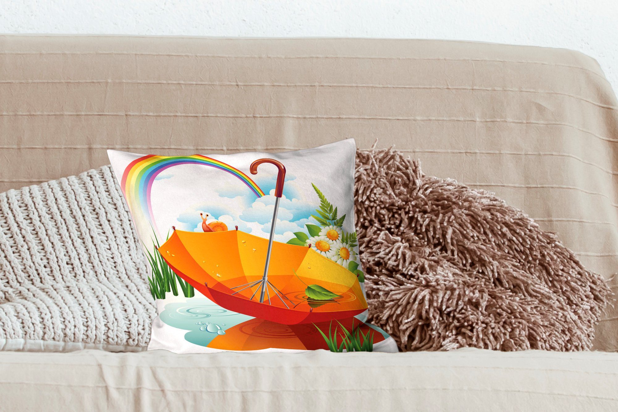 Sofakissen Zierkissen Dekokissen Füllung Deko, mit einem, Schlafzimmer, für unter Wohzimmer, orangefarbenen Eine Regenschirms eines Illustration MuchoWow