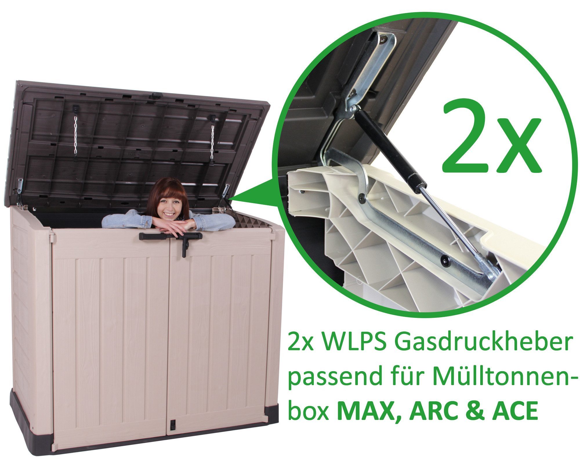 ONDIS24 Gasdruckregler 2x Gasdruckheber für Mülltonnenbox Keter Max, Arc, Ace, Elite Store, (2-St), Ersatzteil WLPS Gasdruckfeder 140N - Doppelpack 2er Set