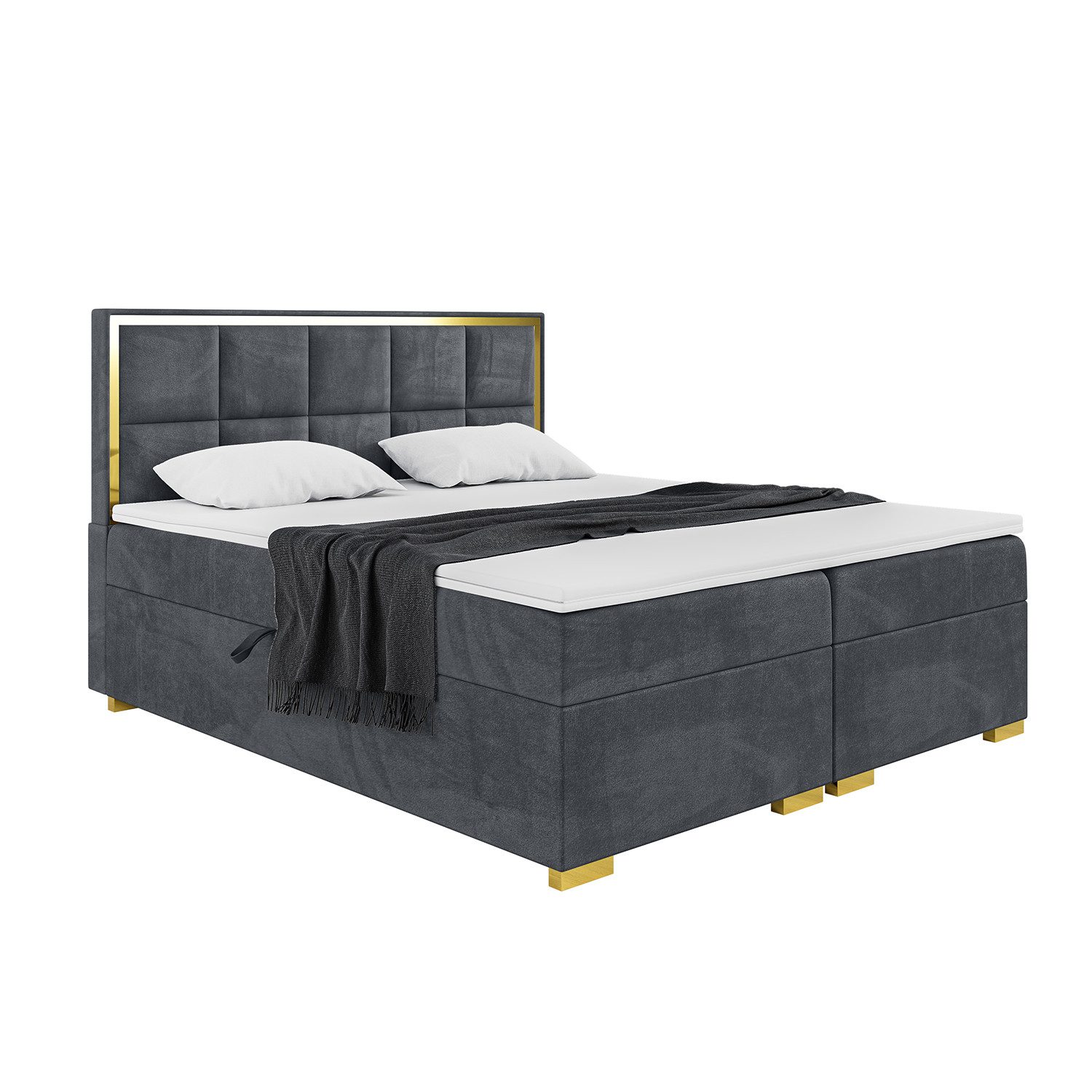 Meblini Boxspringbett mit Bettkasten, Dani Gold 160x220 cm, H3/Dunkelgrau Samt