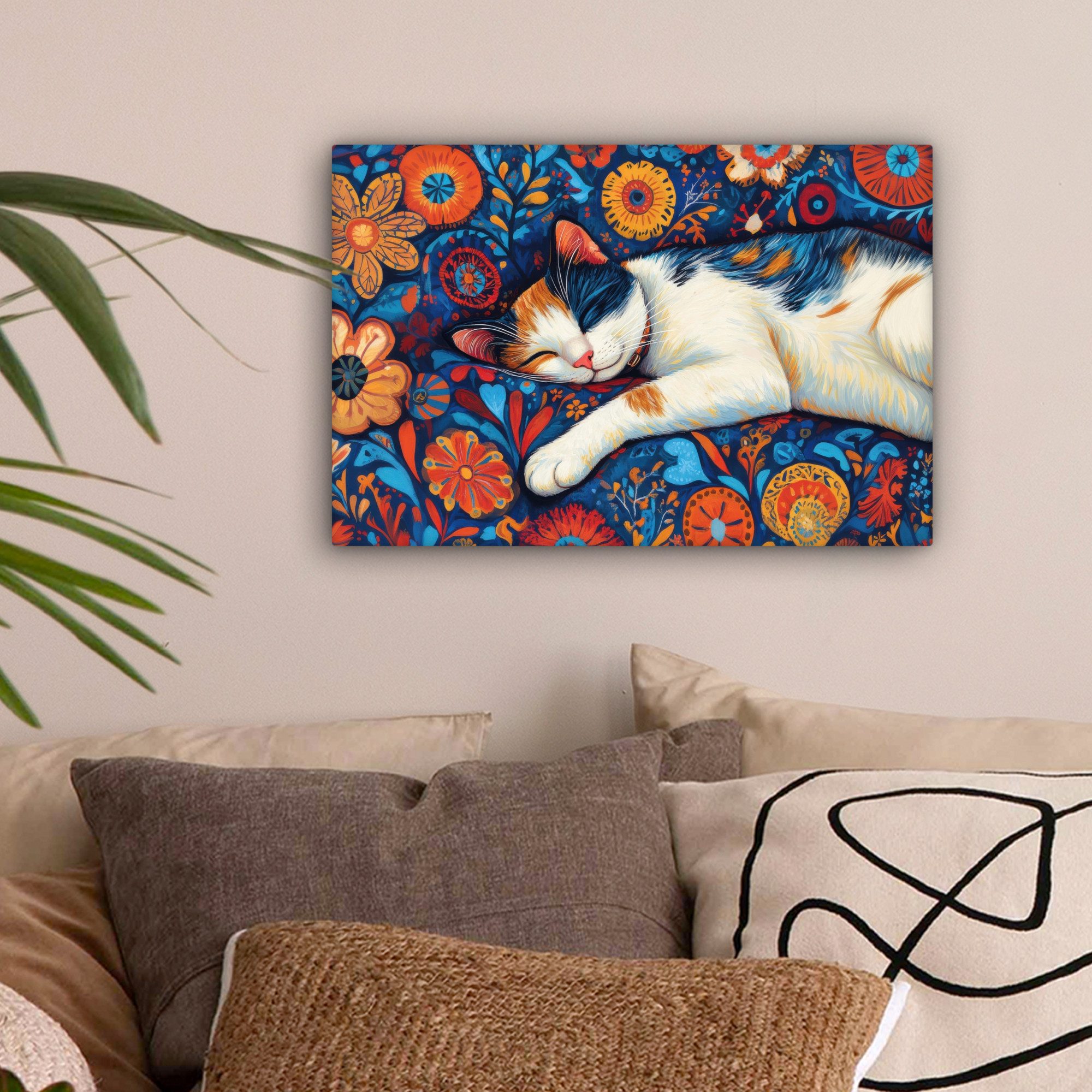 OneMillionCanvasses® Leinwandbild Katze - Blumenmuster - günstig online kaufen
