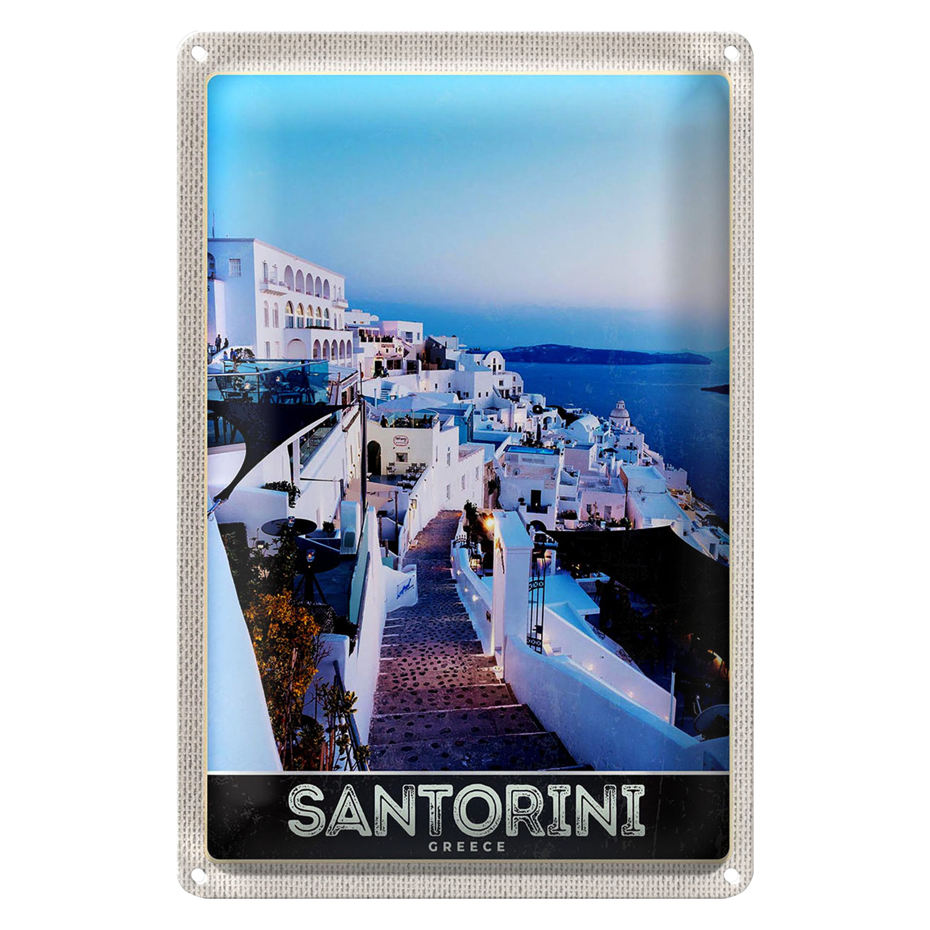 Roomando Metallschild Reise 12x18cm Santorini Insel weiße Häuser Urlaub
