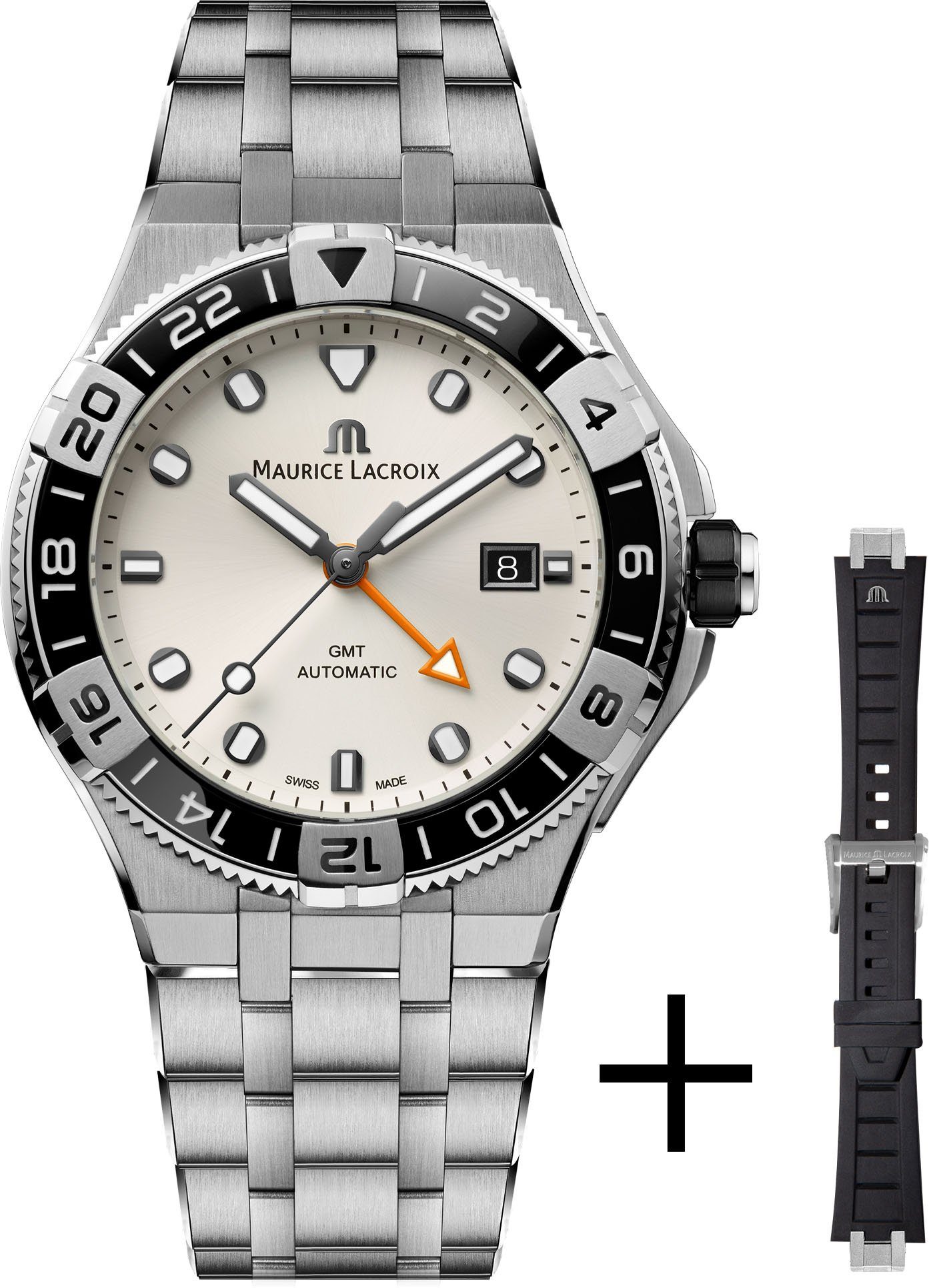 MAURICE LACROIX Automatikuhr Aikon GMT Automatik, AI6158-SS00F-130-A, (Set, 2-tlg., mit Wechselband aus schwarzem Kautschuk) | Schweizer Uhren