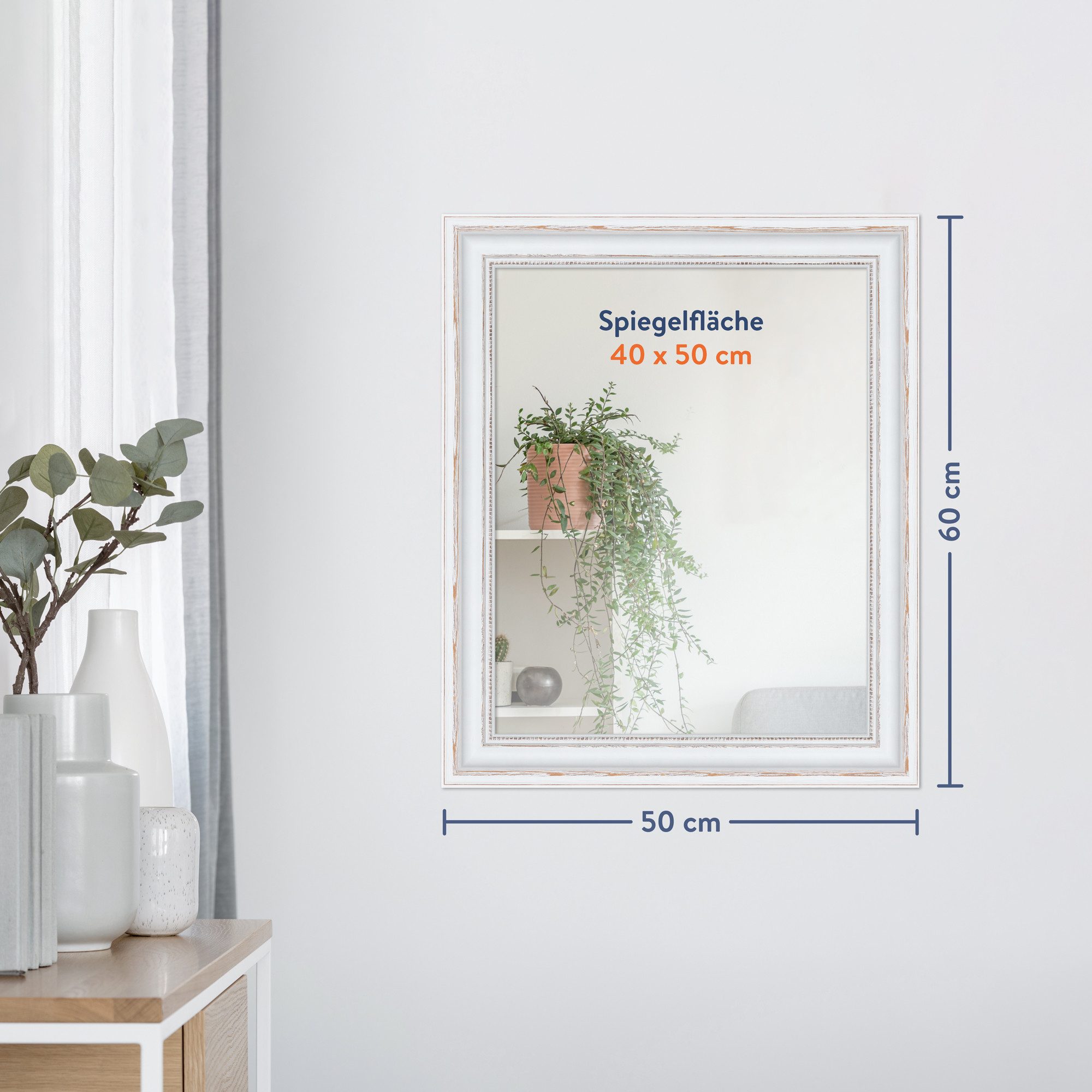 WANDStyle Wandspiegel H550, Vintage Spiegel Weiß 50x60 cm, großer Wandspiegel Weiß 50x60 Holz
