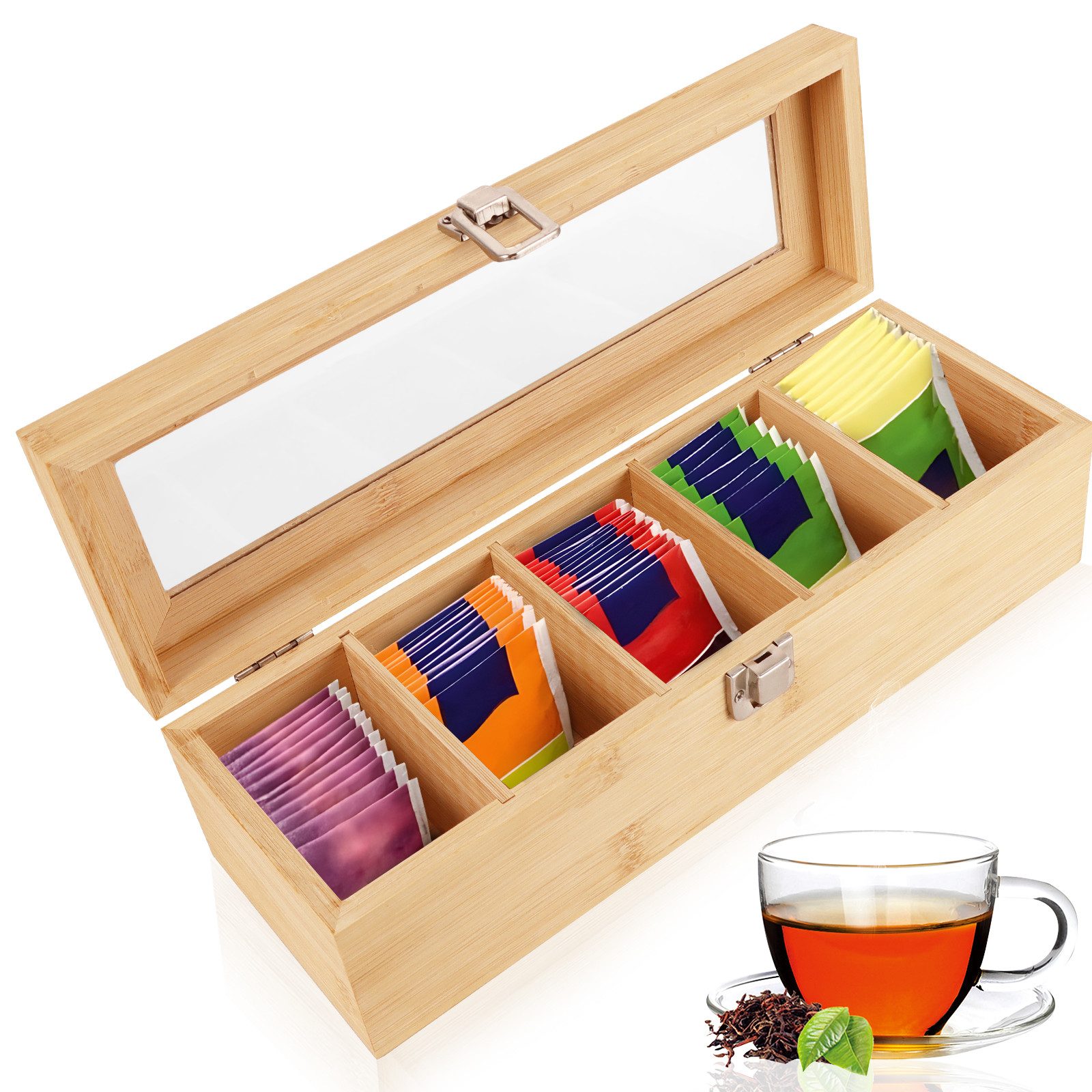 BlingBin Teebox Bambus Teeboxen,Teebeutel Organizer mit 5 Fächer, Bambus, (1 Stück, 1-tlg., 30x10x9 cm,Tee Aufbewahrungsbox mit Durchsichtiger Deckel), mit 4 Verstellbaren Unterteilungen für Teebeutel, Zucker, Kaffeepads