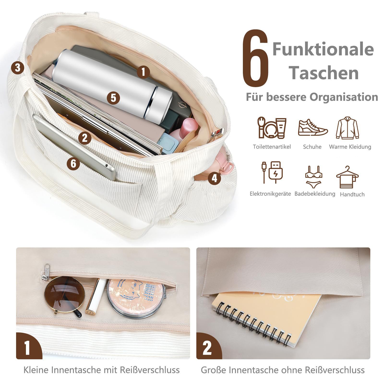 nsihing Umhängetasche Cord Tasche Damen, Groß Tote Bag Strandtasche mit Reißverschluss, Shopper Tasche, Elegant Handtasche für Arbeit Schule Gym – Bild 5 von 5
