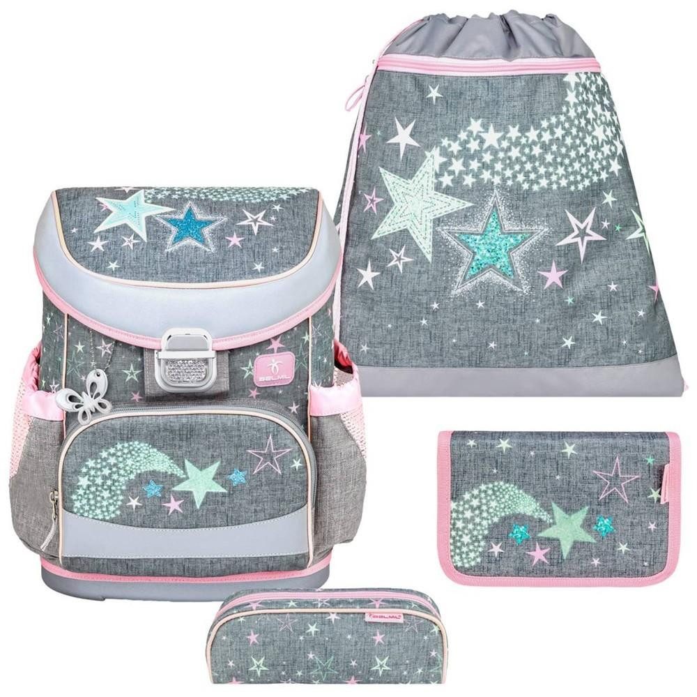 Belmil Ранці "Mini-Fit" 2026 für kleine Kinder 1. Klasse (Set, 4-tlg., mit Sportbeutel, Federtasche, Schlamper, Brustgurt), Sterne, Grundschule, Einschulung, für Mädchen
