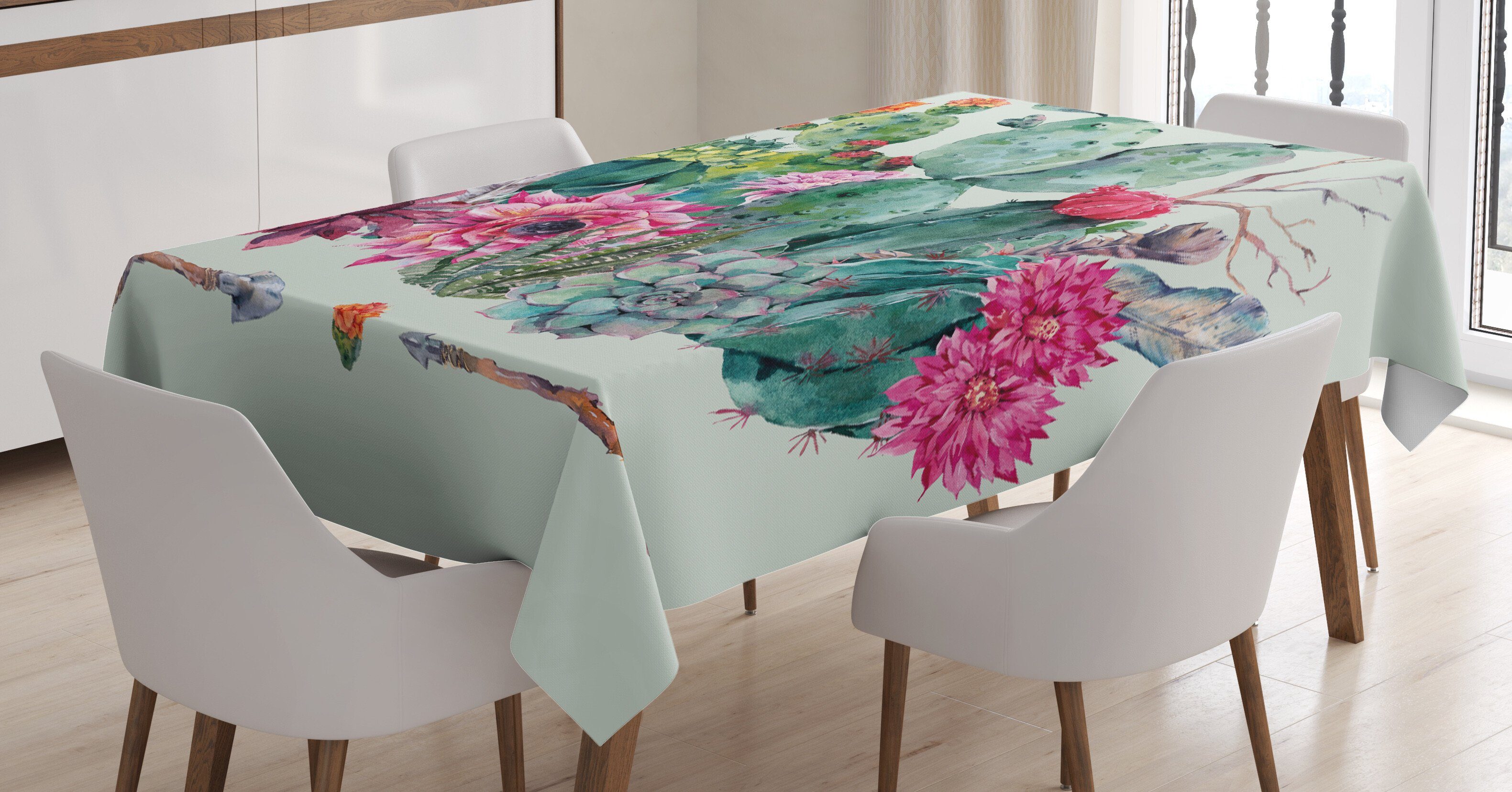 Abakuhaus Tischdecke Farbfest Waschbar Für den Außen Bereich geeignet Klare Farben, Kaktus Dornige Boho-Blüten