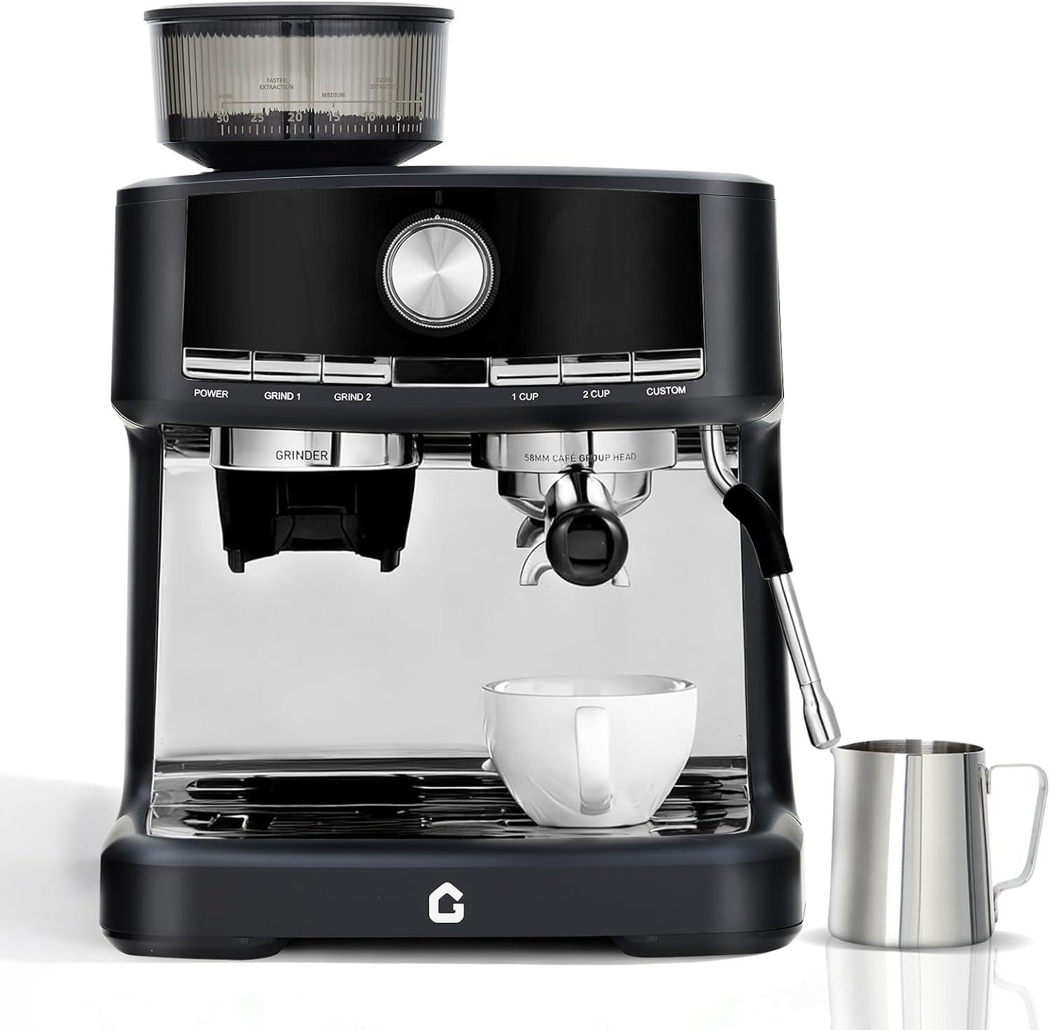 GarveeMore Espressomaschine CMP0001-GS, 1,5l Kaffeekanne, integriertem Mahlwerk&Milchaufschäumer 30 Mahlgrade,58mm Siebträger