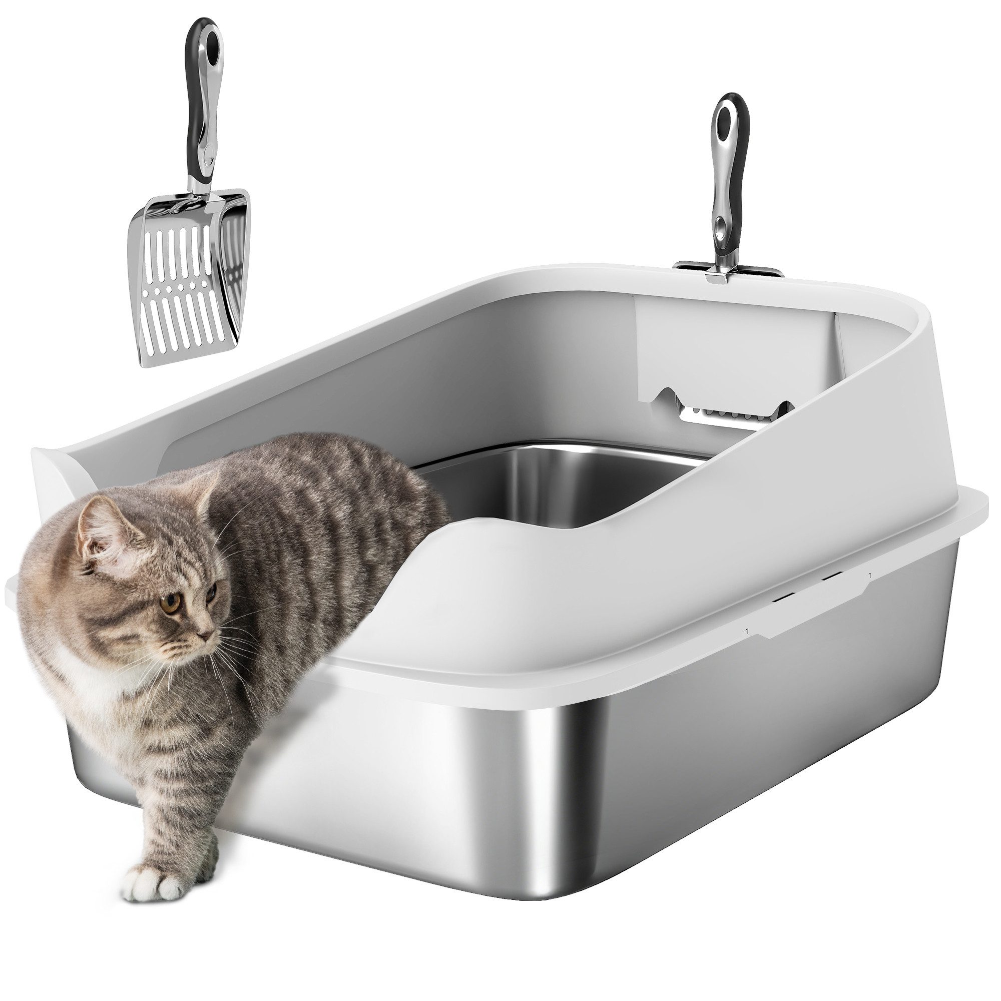 PawHut Katzentoilette Offene Katzenklo Edelstahl mit Schaufel hohem Rand, für große Katzen bis 7 kg, 60,2 x 40,2 x 29,7 cm, Grau