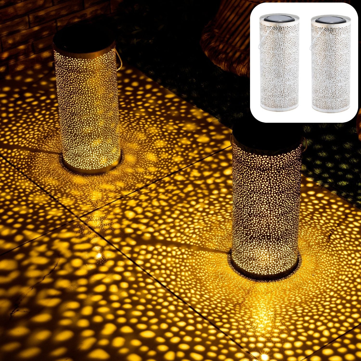 Marrakesch Orient & Mediterran Interior LED Solarleuchte 2er Set Skandinavische Solarlaterne Solar Laterne Lampe Deko Weiß, LED fest integriert, Handarbeit