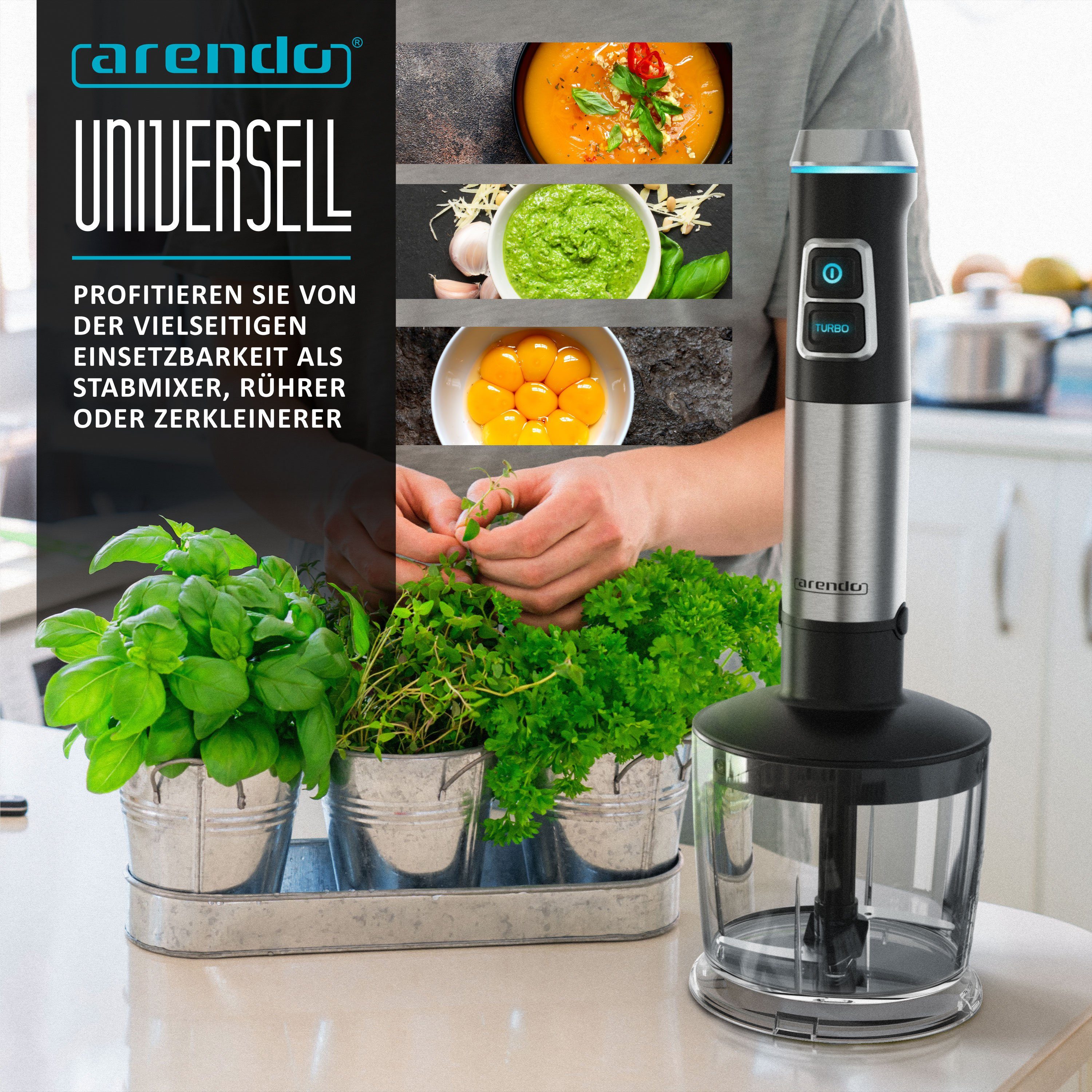 Arendo Stabmixer Edelstahl Pürierstab Set mit Zerkleinerer & Messbecher, Handmixer, 1200 W, mit Schneebesen, 2 Geschwindigkeitsstufen, 4-Klingen, DC Motor – Bild 4 von 5