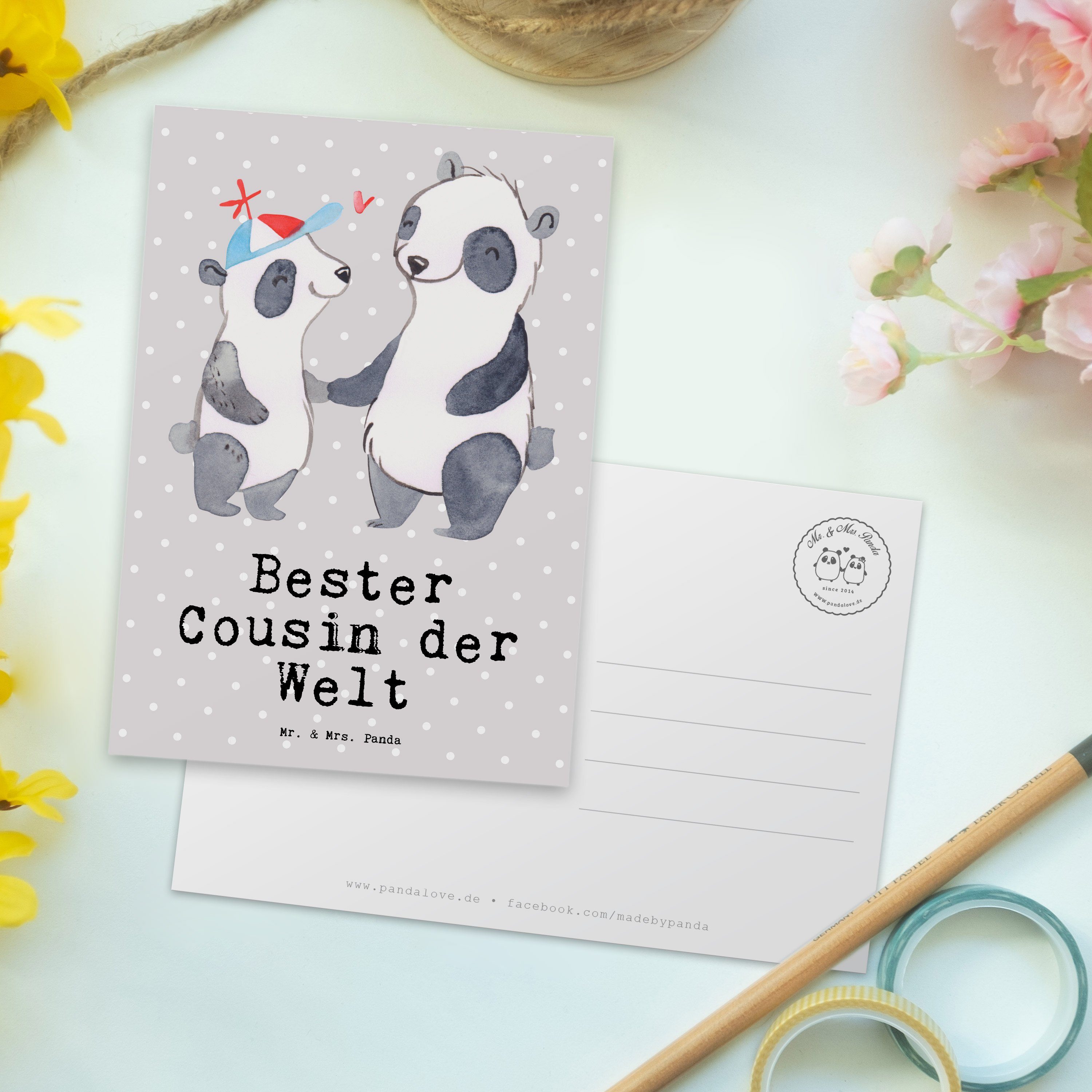 Panda Welt Geschenk, Postkarte Grau Panda der - Cousin & - Pastell Mr. Geburtstagska Mrs. Bester