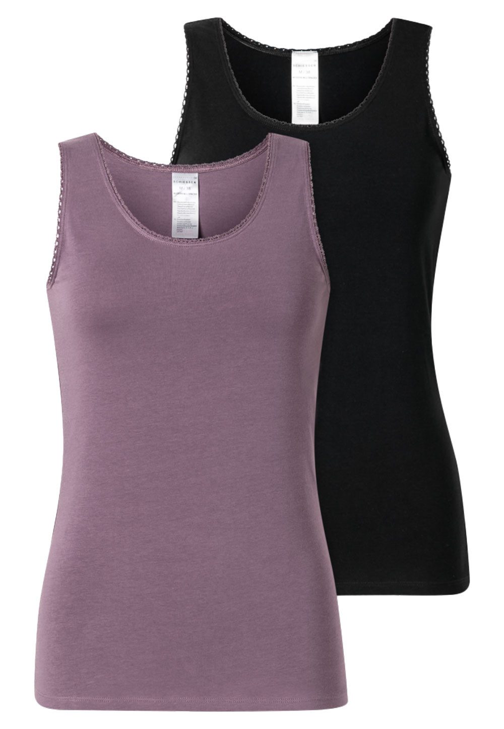 Schiesser Unterhemd Modern Multipacks Trägertops (Set, 2-St., 2er Pack) Baumwoll-Stretch, Jersey, Spitze, lila / schwarz