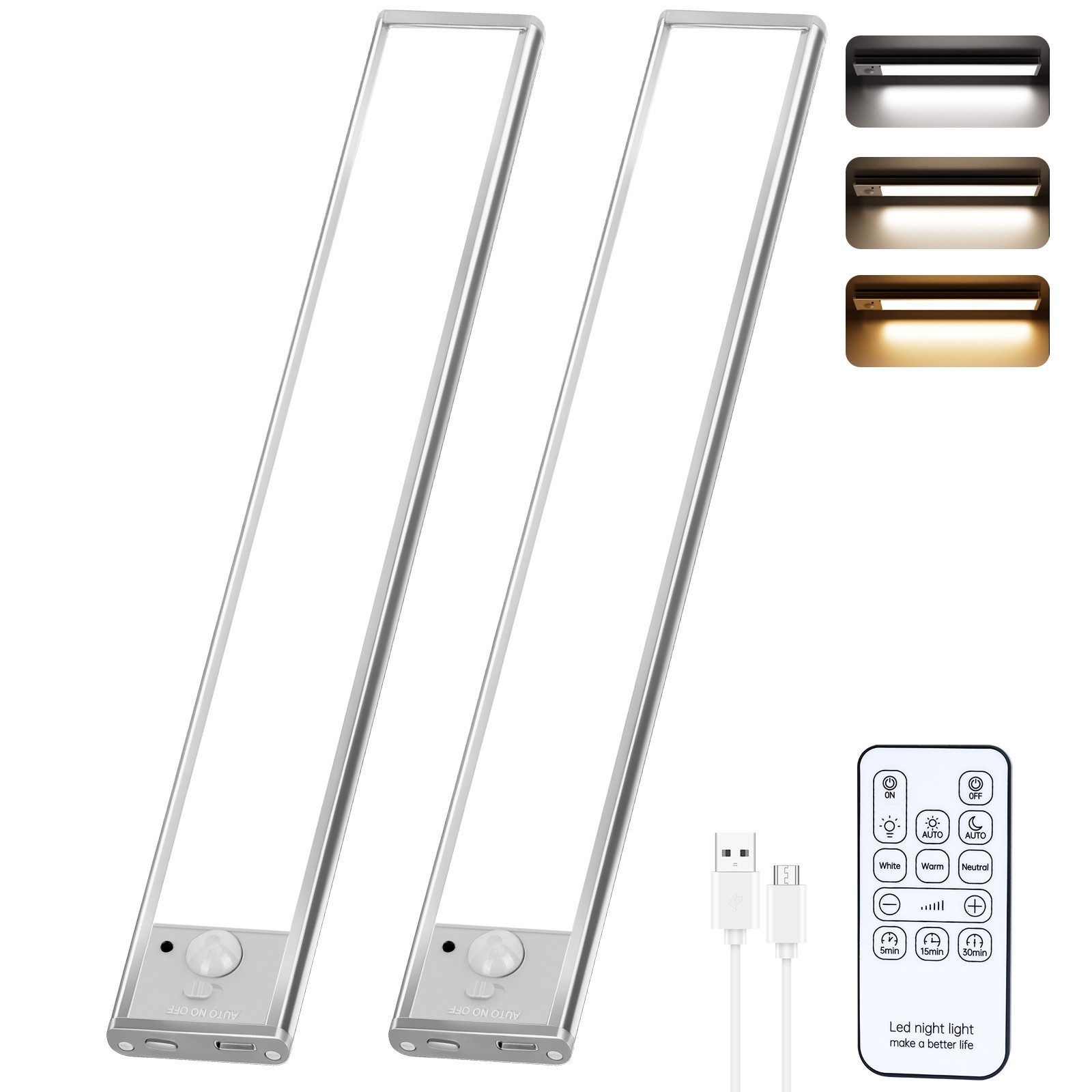 Lujasi LED Unterbauleuchte 30/40/60cm Unterbauleuchte Küche LED, – 2er Set Schrankbeleuchtung, Integrierter Akku, LED fest integriert, nicht austauschbar, 5V/1A, 120°/3m, Kabellos, KaltweiB, NeutralweiB, WarmweiB, mit Bewegungsmelder Fernbedienung, USB-C, Magnetische Lichtleiste