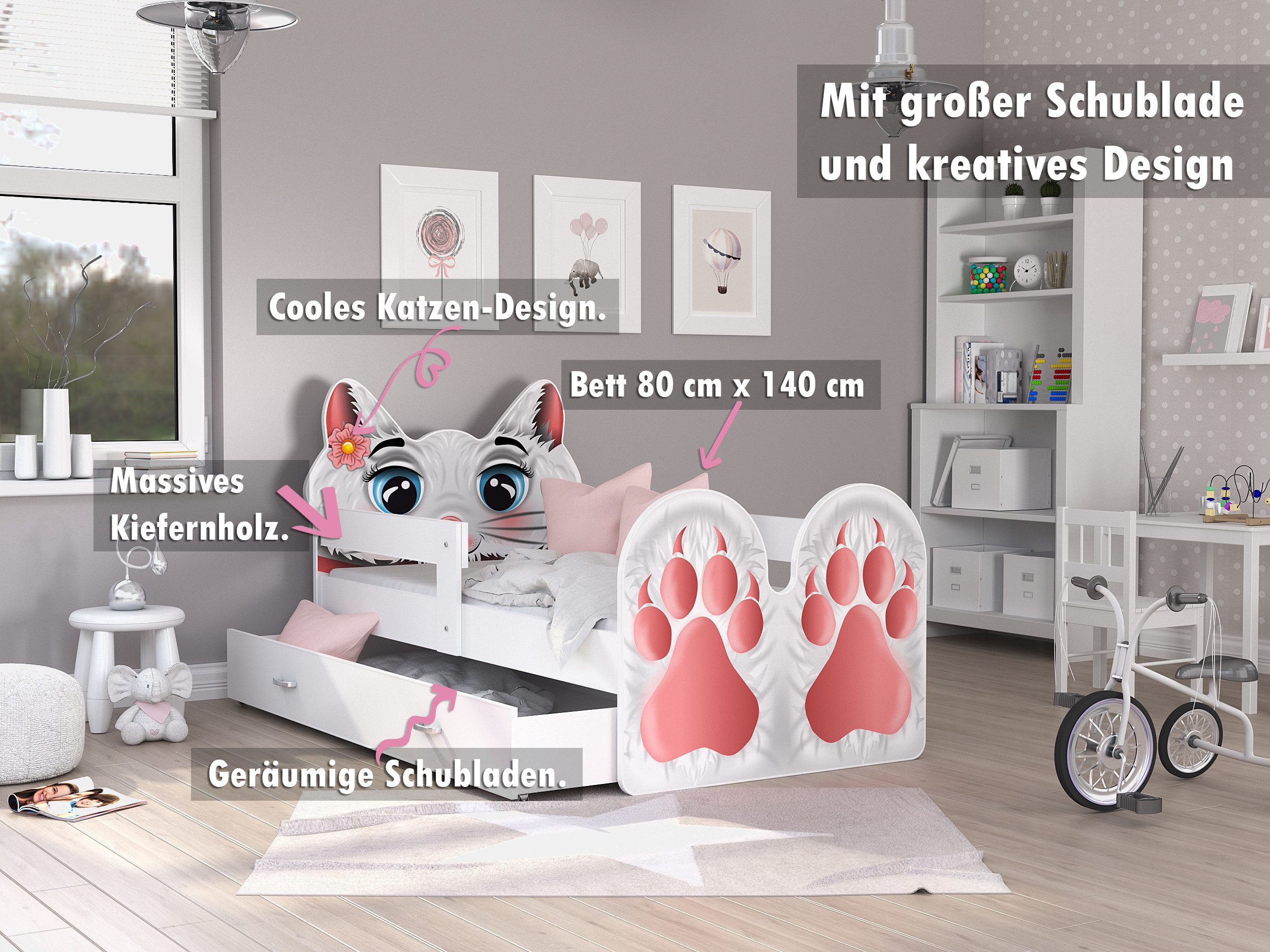 AJKmeble Kinderbett mit Rausfallschutz und Schublade, günstig online kaufen