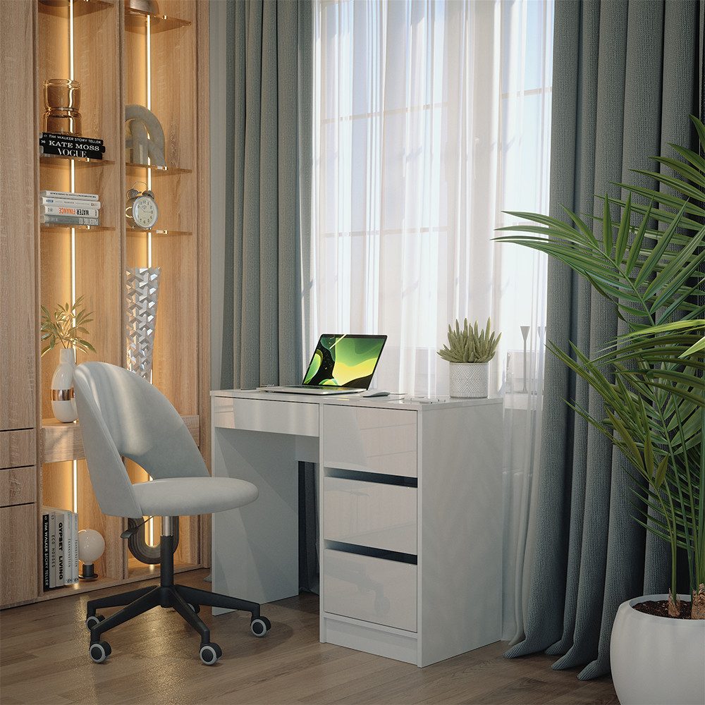 Vicco Schreibtisch Sherry, Weiß Hochglanz, 90 x 40 cm mit Schubladen