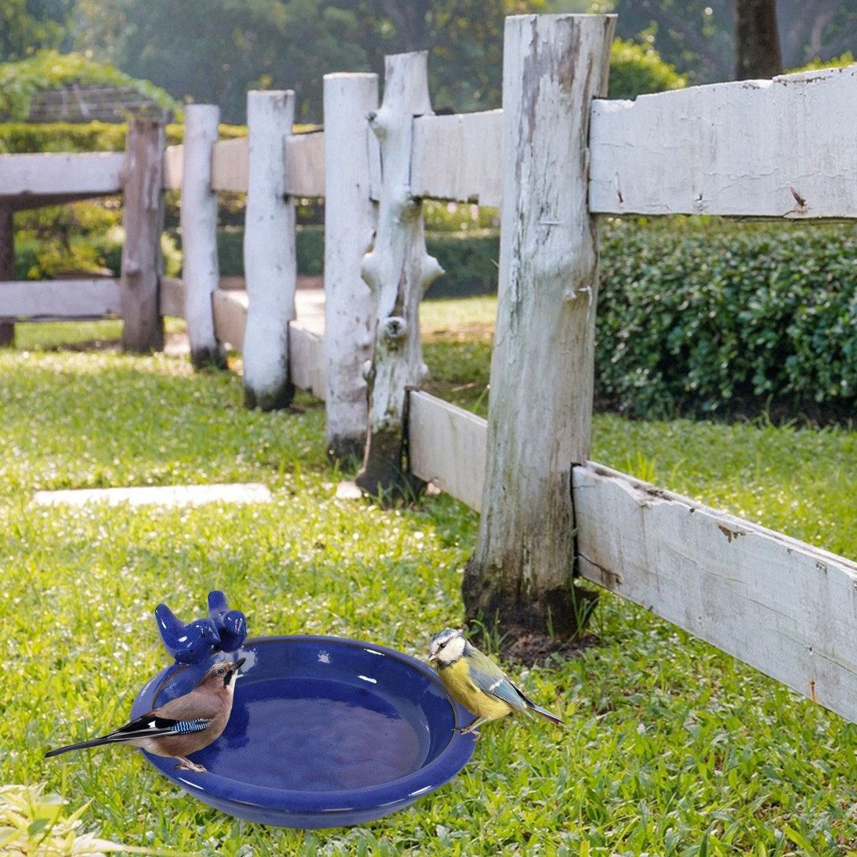 colourliving Vogeltränke für den Garten "Noble" mit 2 Deko-Vögel, 30 cm blau Keramik, handbemalt, jede ein Unikat, leicht zu reinigen