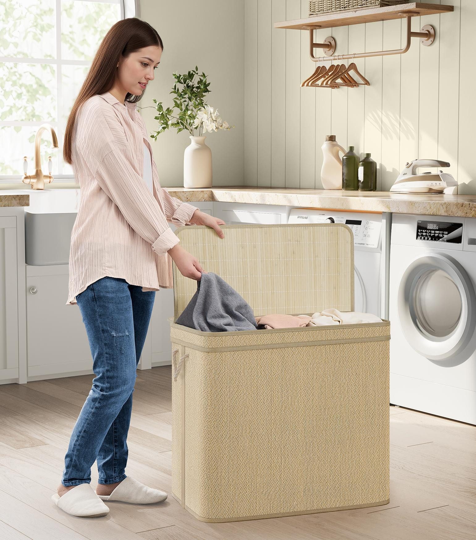 SONGMICS Wäschekorb, 3 Fächer,170 Liter,maschinenwaschbarer Wäschesack, nat günstig online kaufen