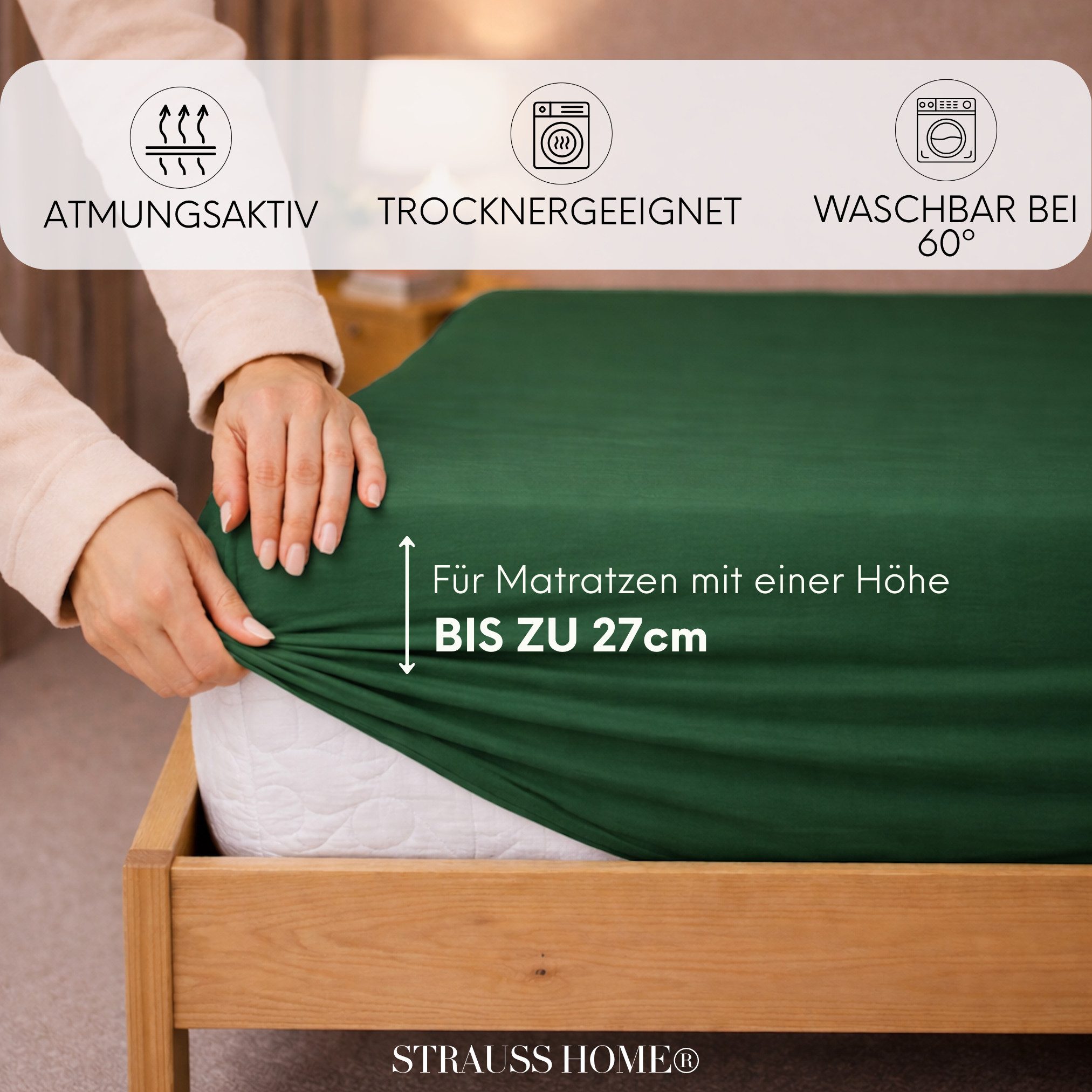 Strauss Home Spannbettlaken Premium 160 g/m² Gekämmte Baumwolle Jersey in Hotelqualität, Gummizug: Rundumgummi, OEKO-TEX®-zertifiziert - Hotelqualität – Formstabil & Langlebig
