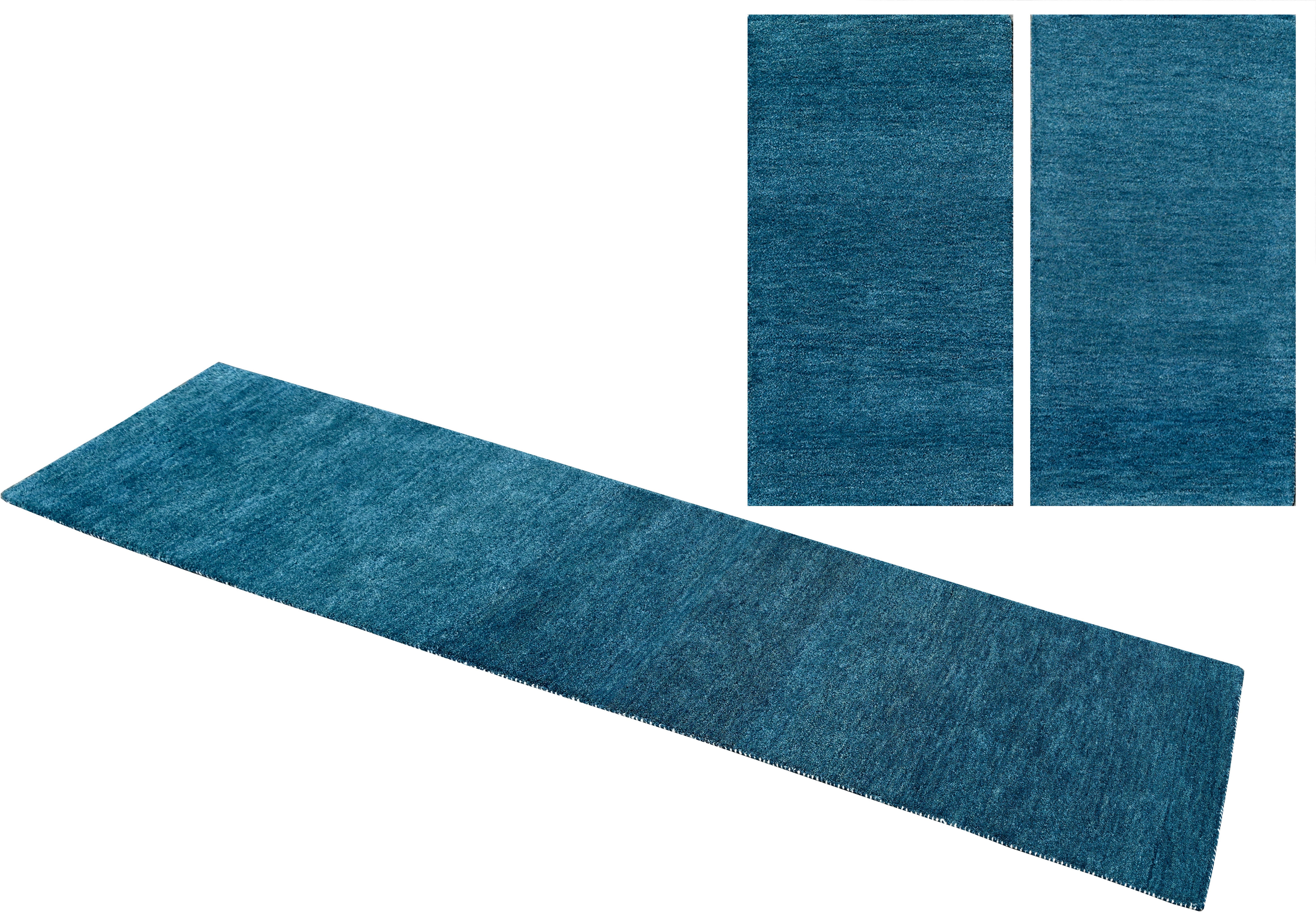 Bettumrandung Gabbeh Uni THEKO, Höhe 15 mm, (3-tlg), Bettvorleger, Uni-Farben, meliert, Schurwolle, handgewebt, Läufer-Set grau-blau