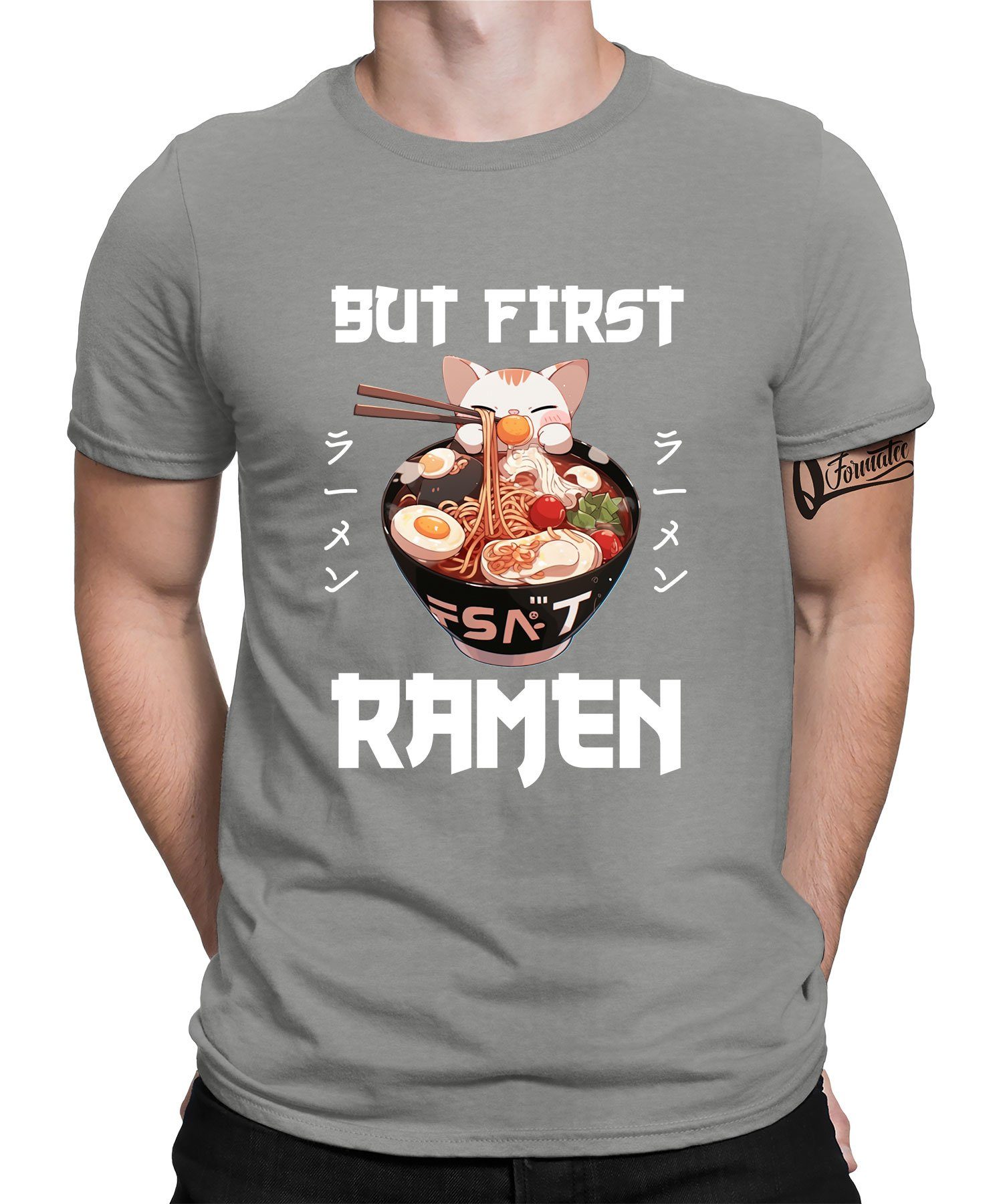 Quattro Formatee Kurzarmshirt Japanische Anime Katze First Ramen Nudeln Japan Herren T-Shirt (1-tlg) Heather Grau